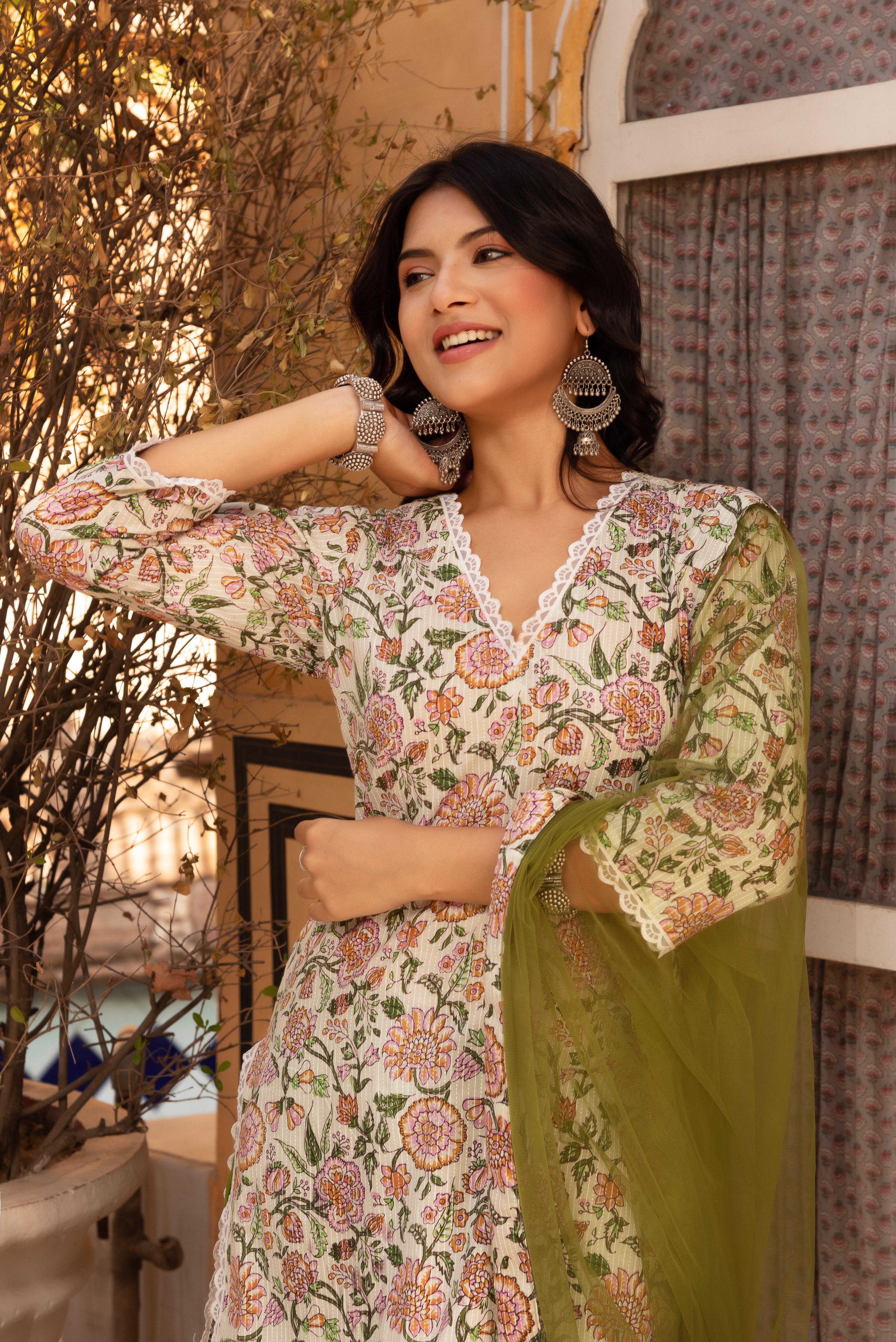 GAURANGI FLORAL PRINT COTTON GREEN SUIT SET