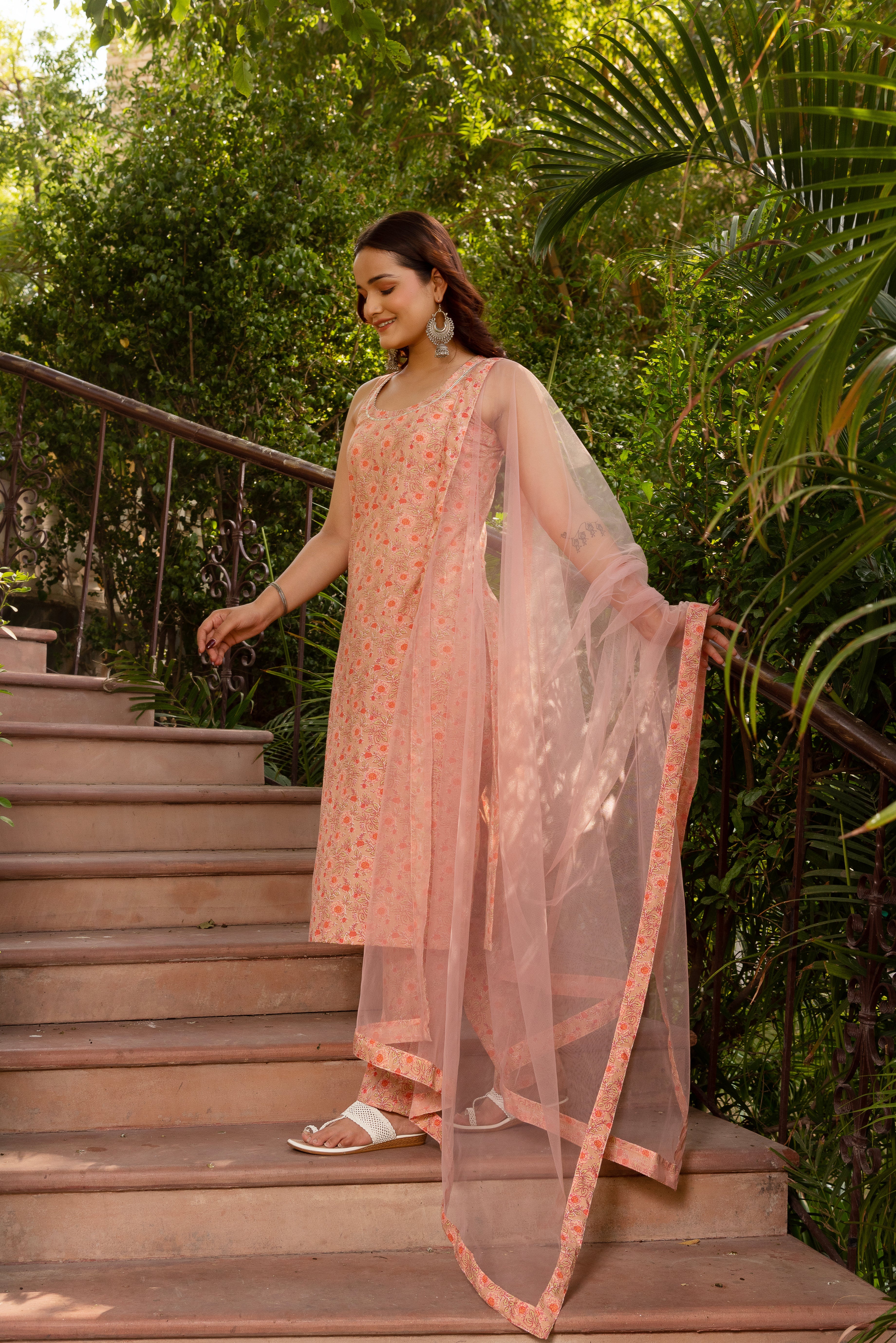 GAURANGI PEACH HALF SLEEVE COTTON SUIT SET