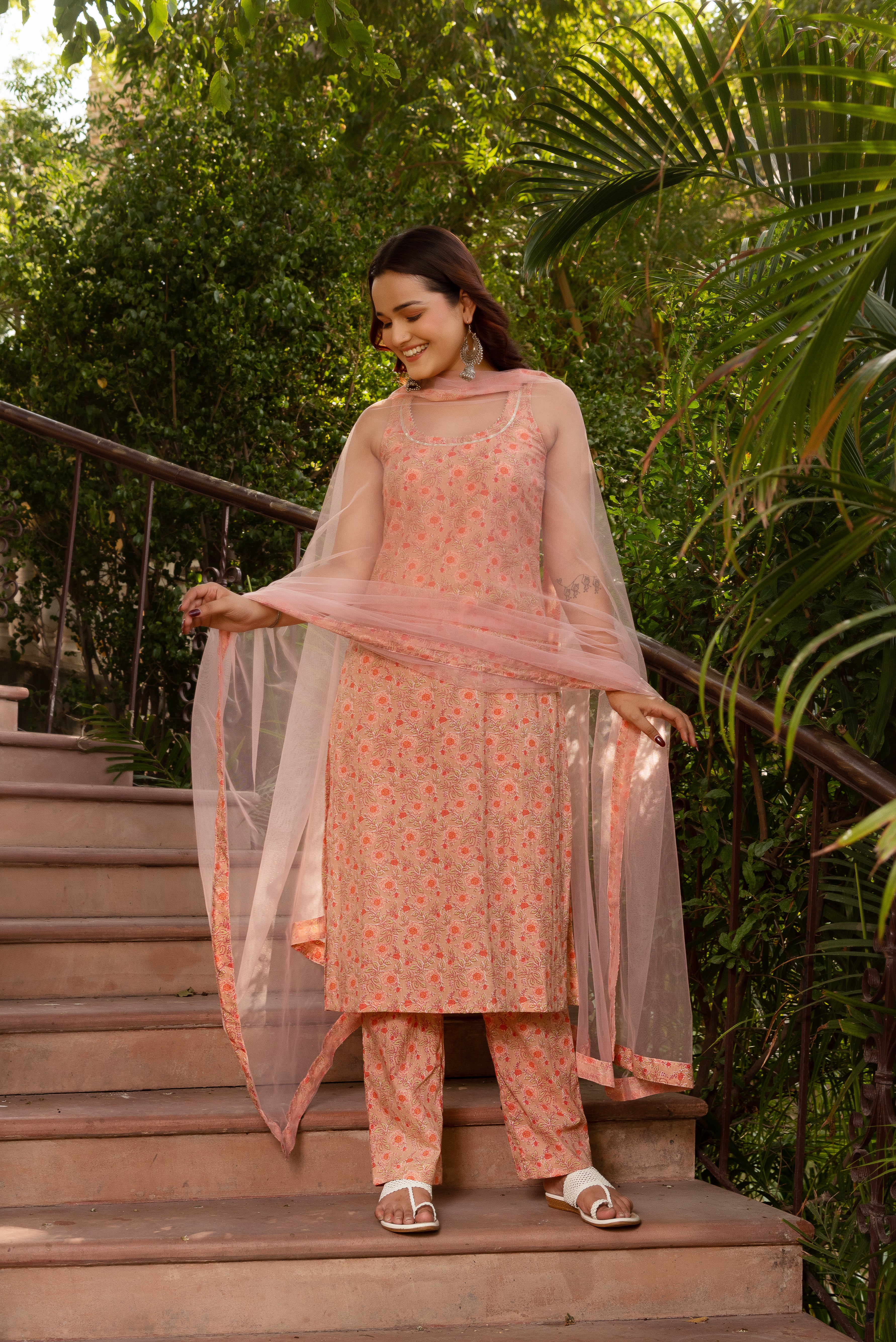 GAURANGI PEACH HALF SLEEVE COTTON SUIT SET