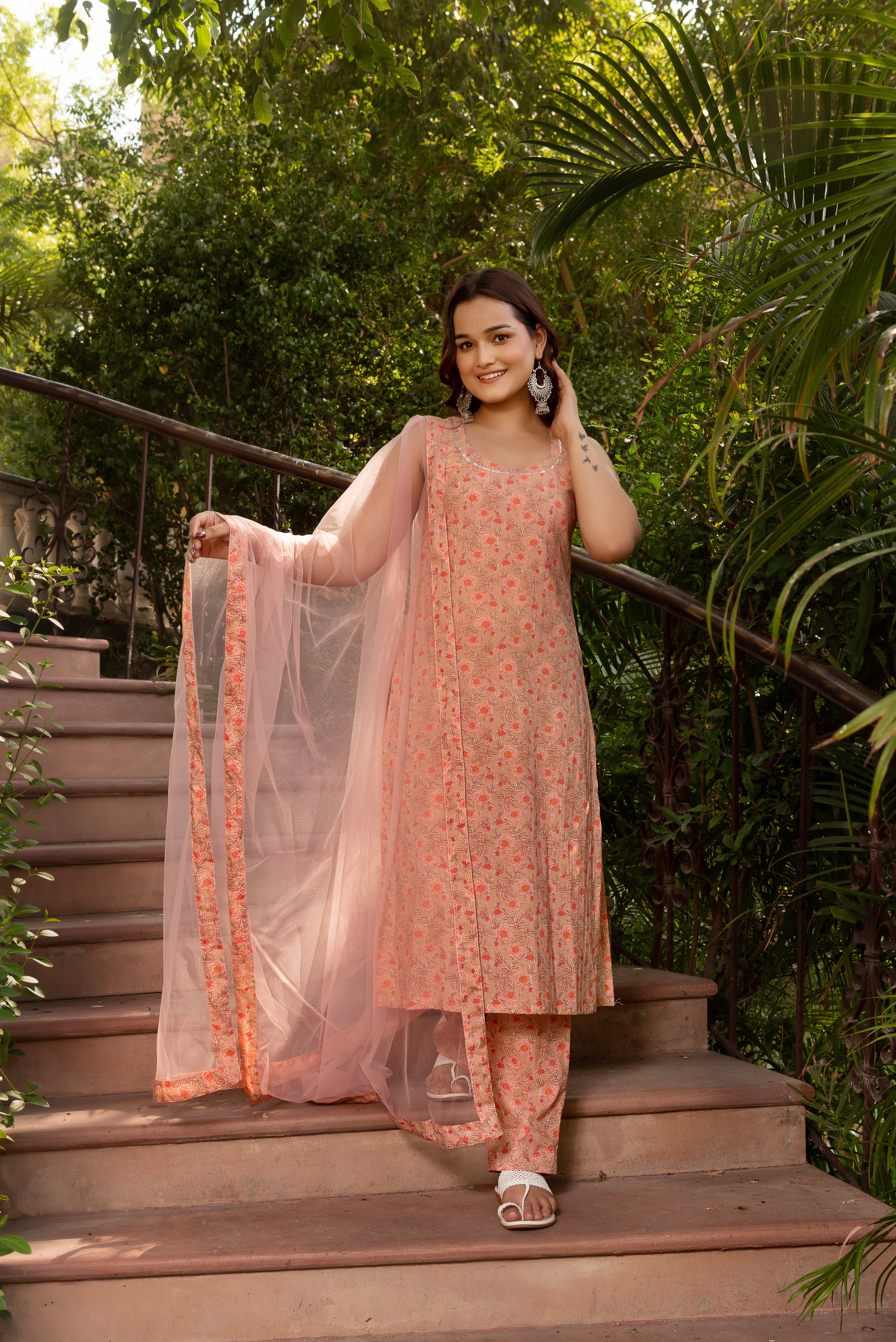 GAURANGI PEACH HALF SLEEVE COTTON SUIT SET