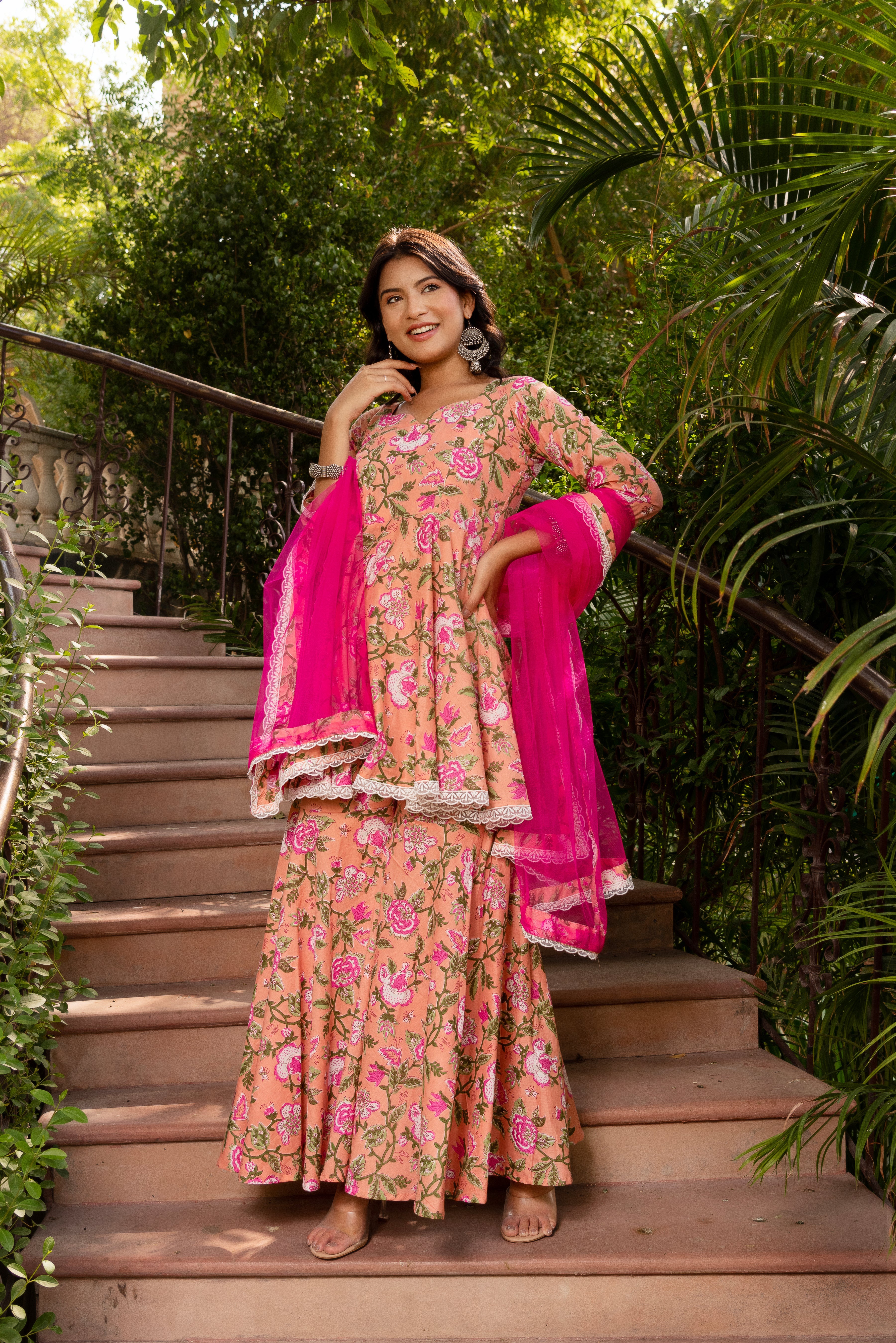 GAURANGI PEACH COTTON FLORAL SHARARA SET