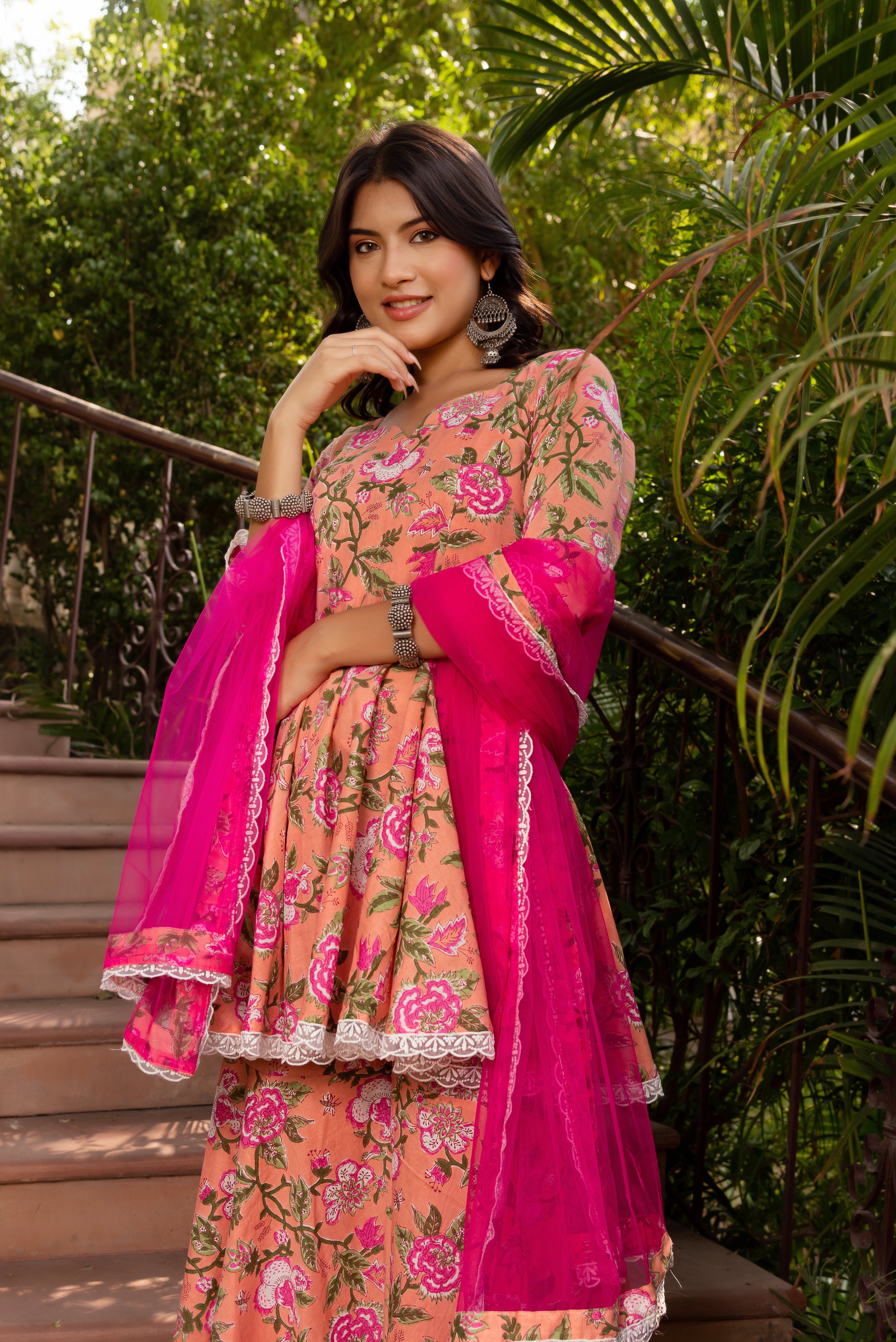 GAURANGI PEACH COTTON FLORAL SHARARA SET