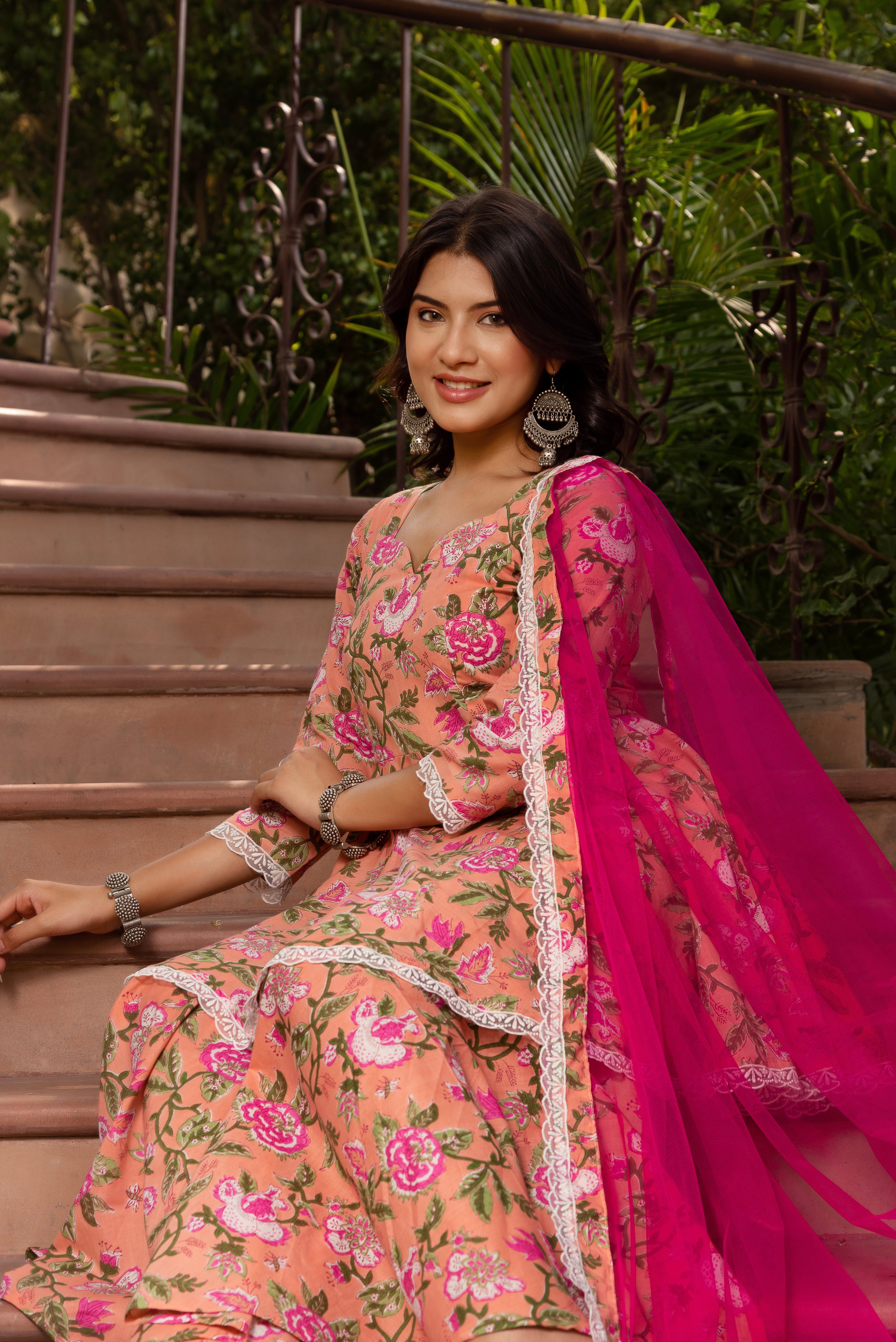 GAURANGI PEACH COTTON FLORAL SHARARA SET