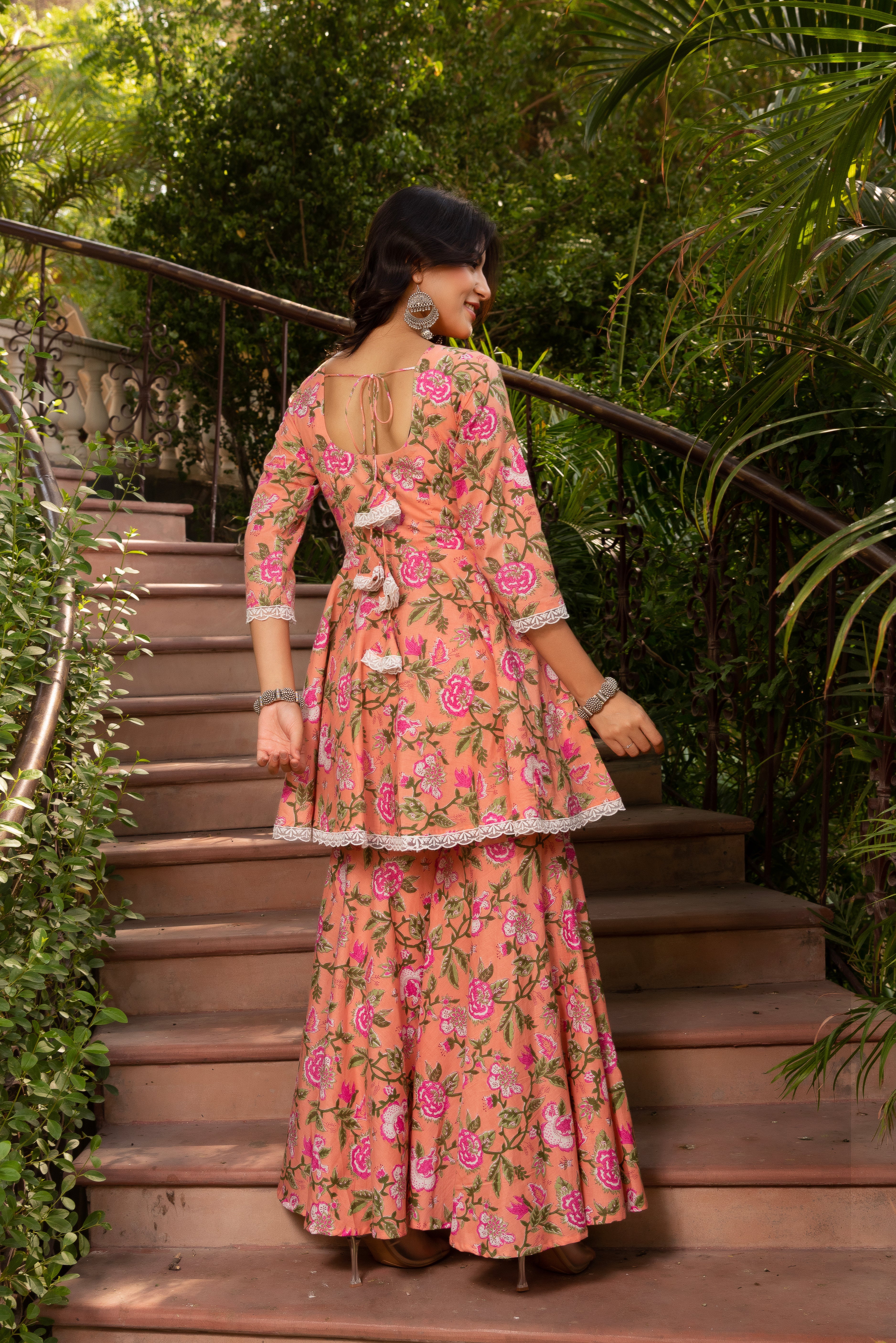 GAURANGI PEACH COTTON FLORAL SHARARA SET