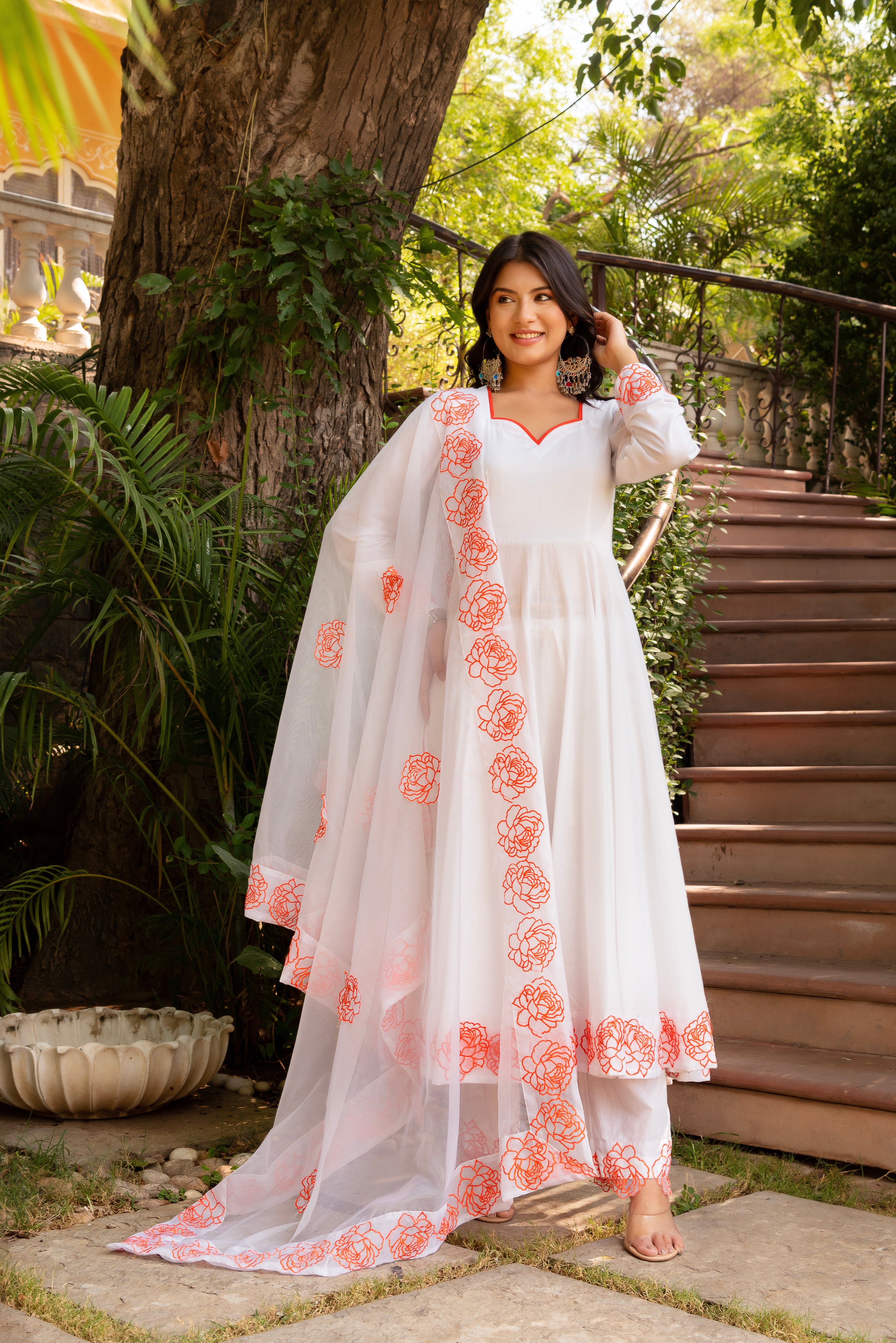 GAURANGI ORANGE EMBORIDERY COTTON WHITE ANARKALI SET