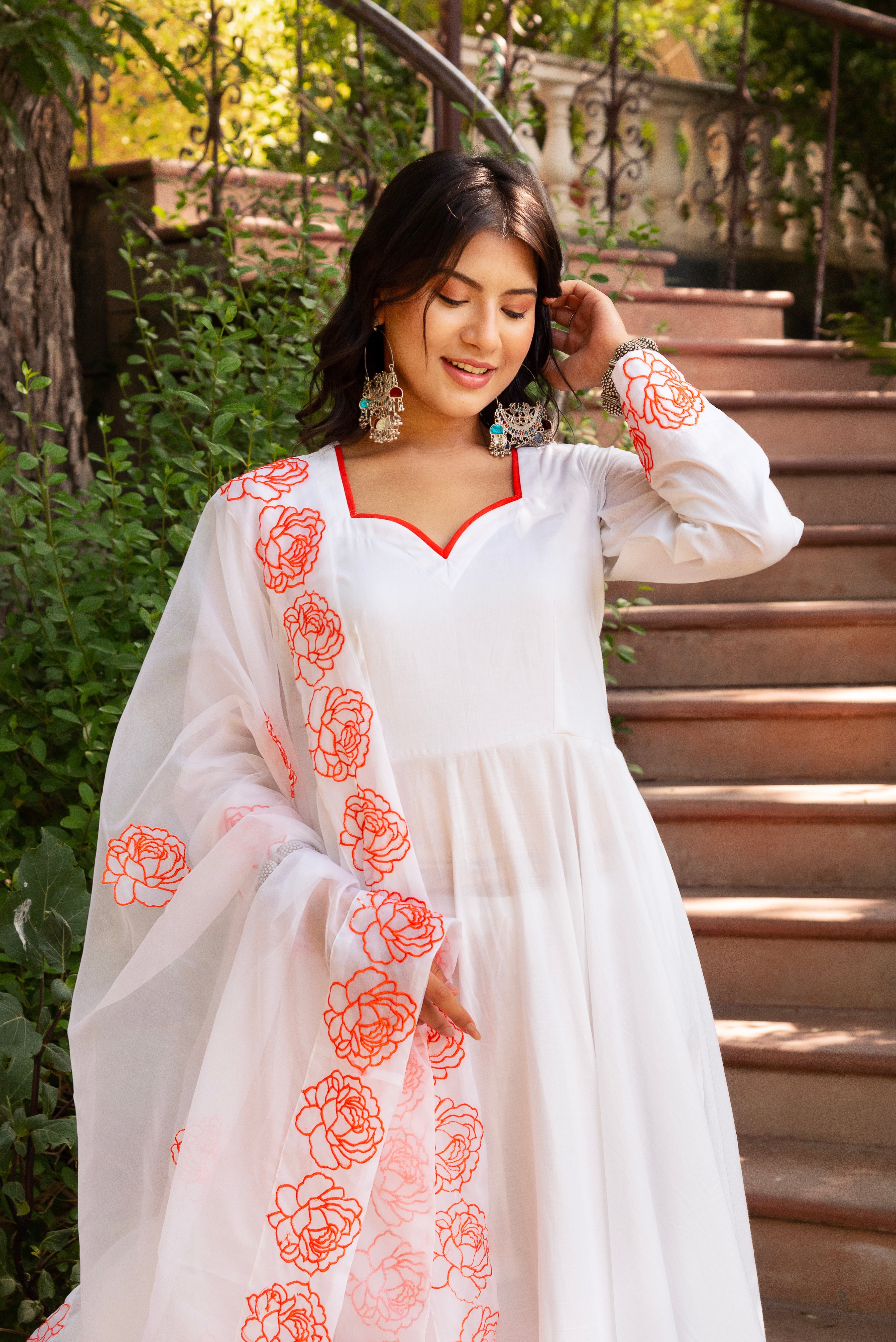 GAURANGI ORANGE EMBORIDERY COTTON WHITE ANARKALI SET