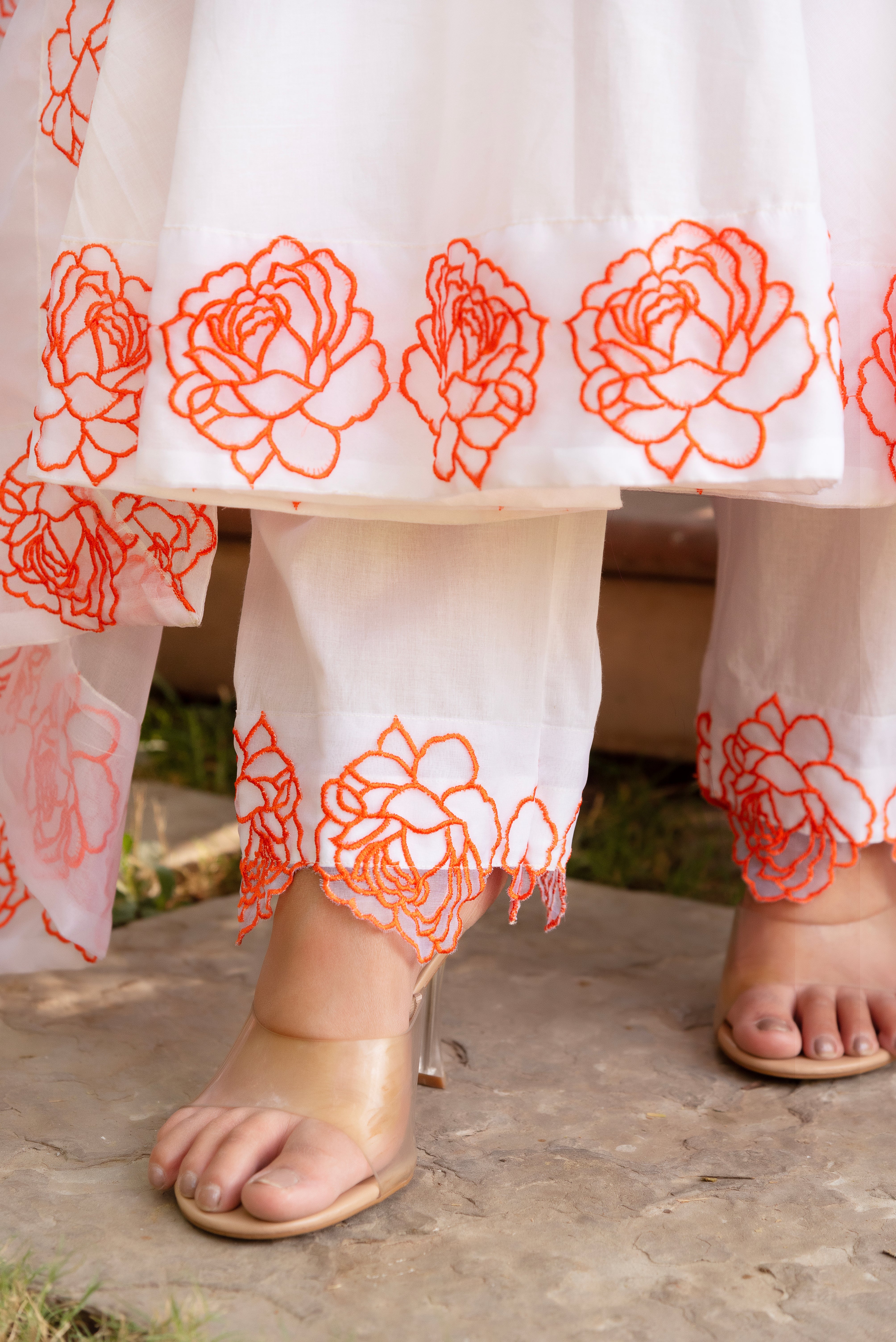 GAURANGI ORANGE EMBORIDERY COTTON WHITE ANARKALI SET