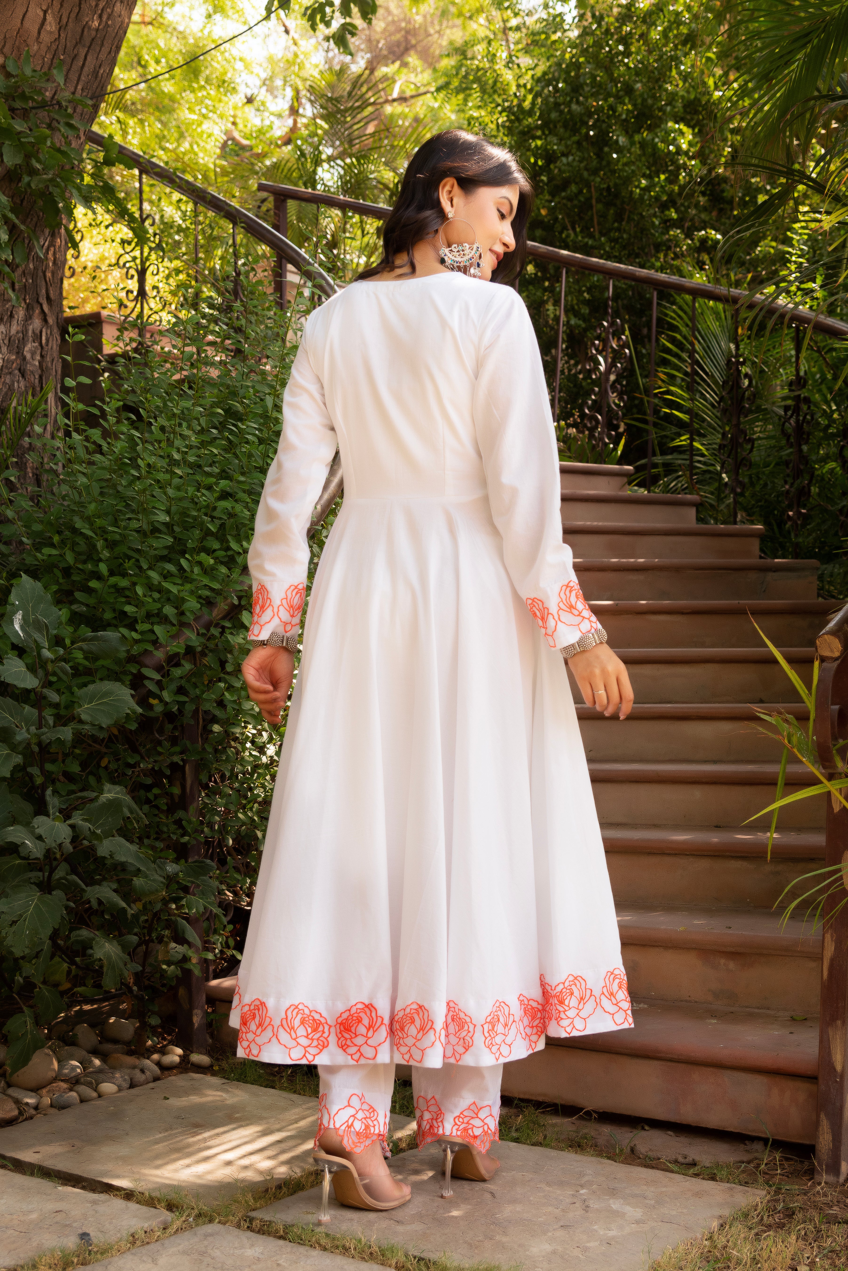 GAURANGI ORANGE EMBORIDERY COTTON WHITE ANARKALI SET