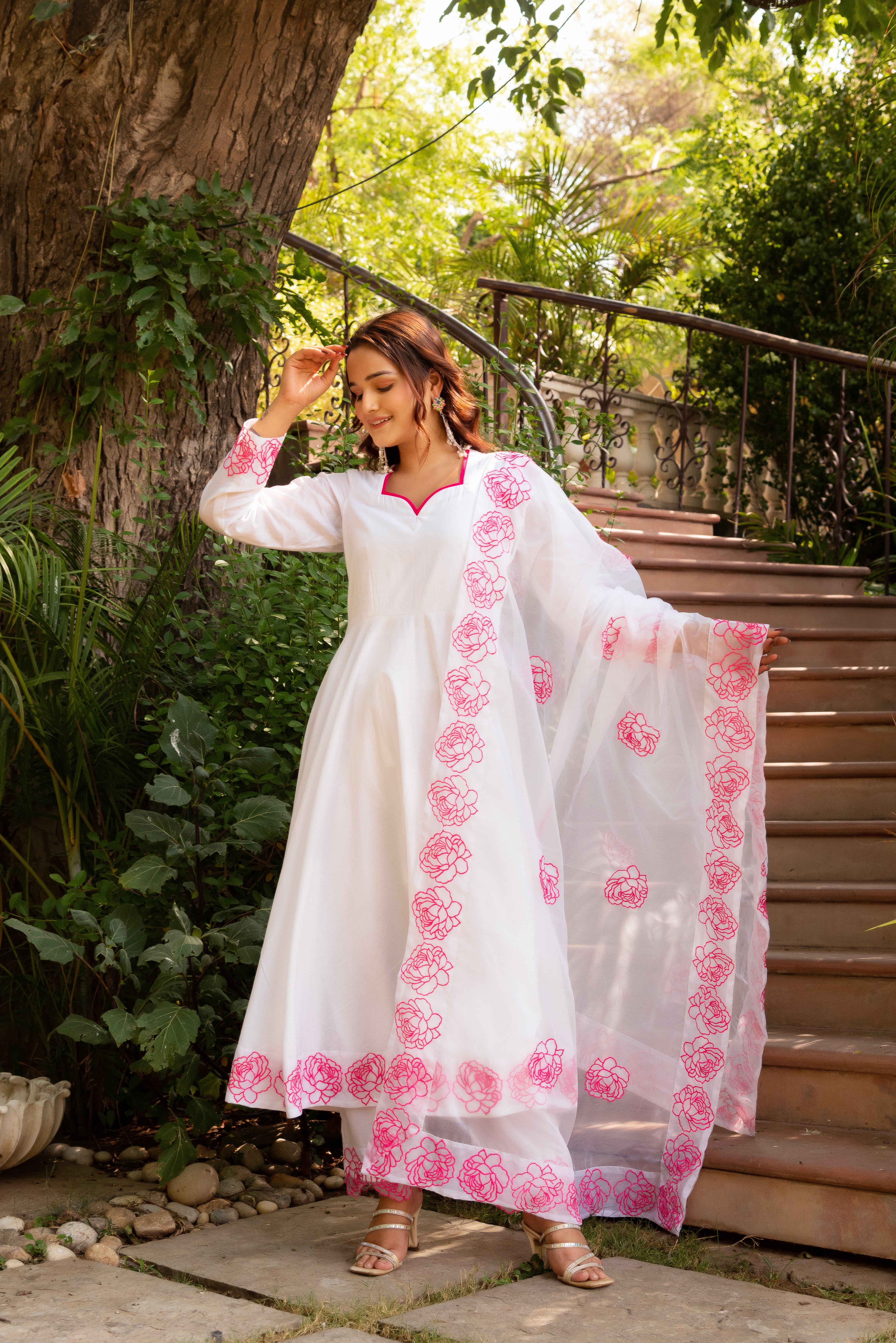 GAURANGI PINK EMBORIDERY COTTON WHITE ANARKALI SET