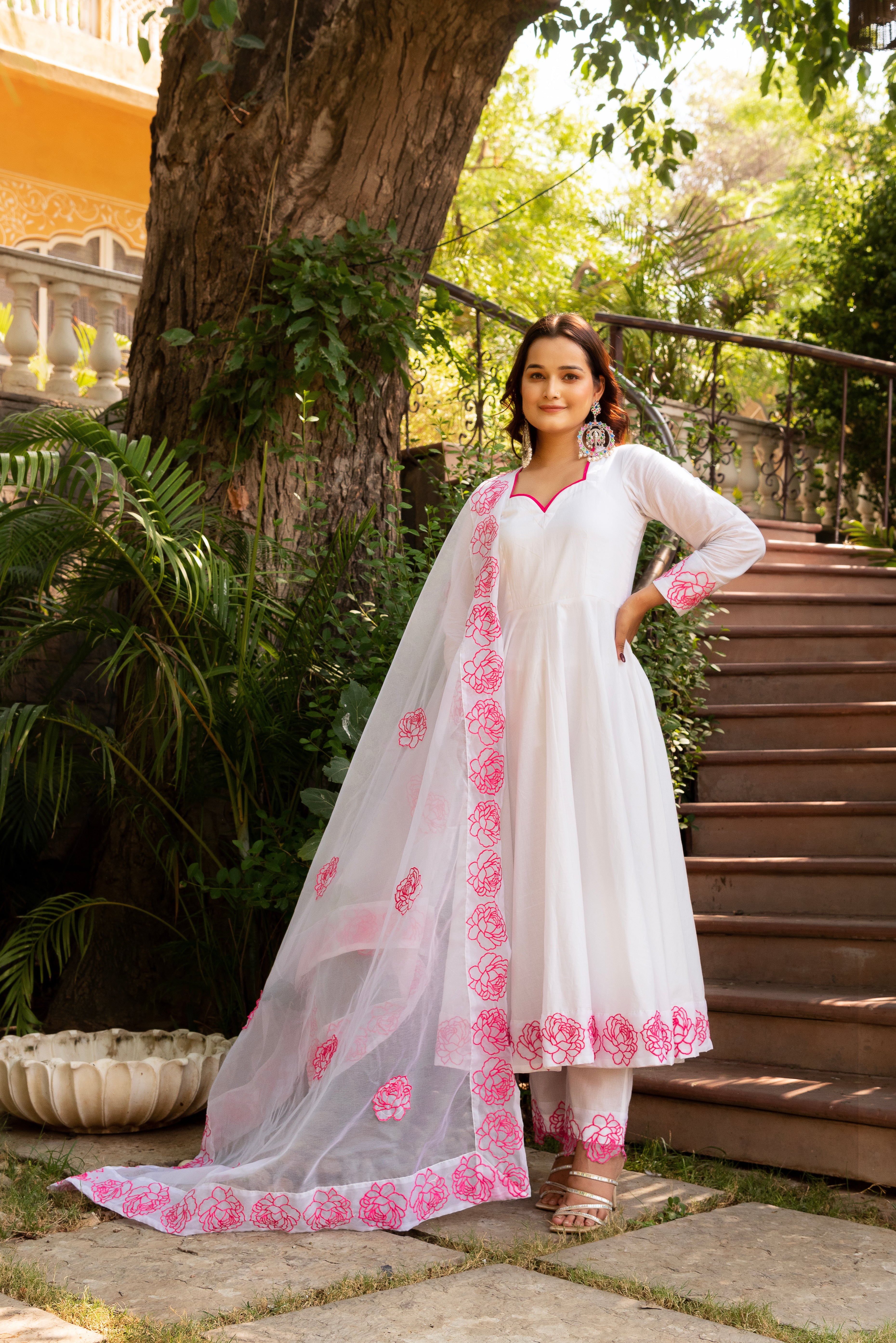 GAURANGI PINK EMBORIDERY COTTON WHITE ANARKALI SET