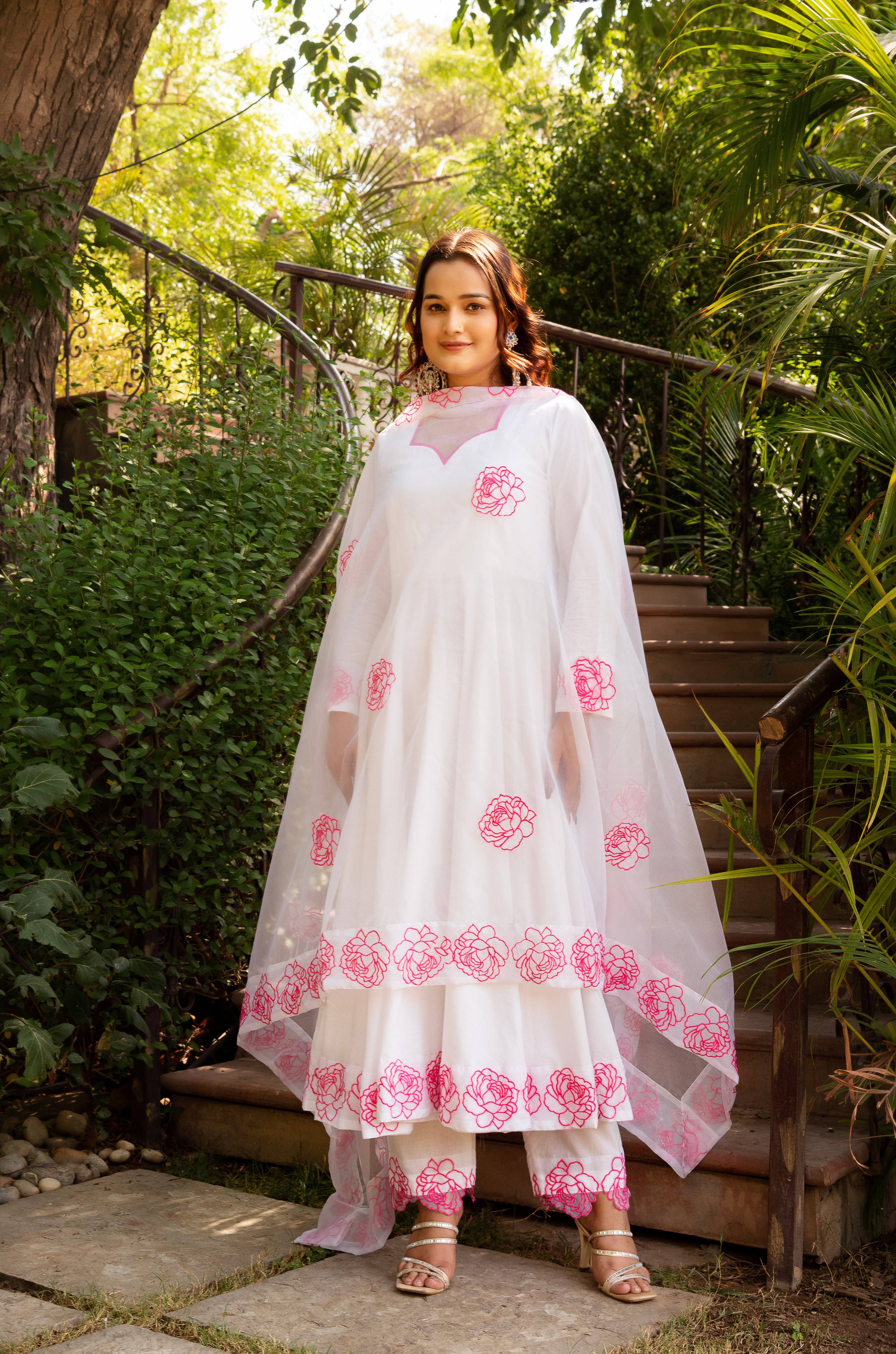 GAURANGI PINK EMBORIDERY COTTON WHITE ANARKALI SET