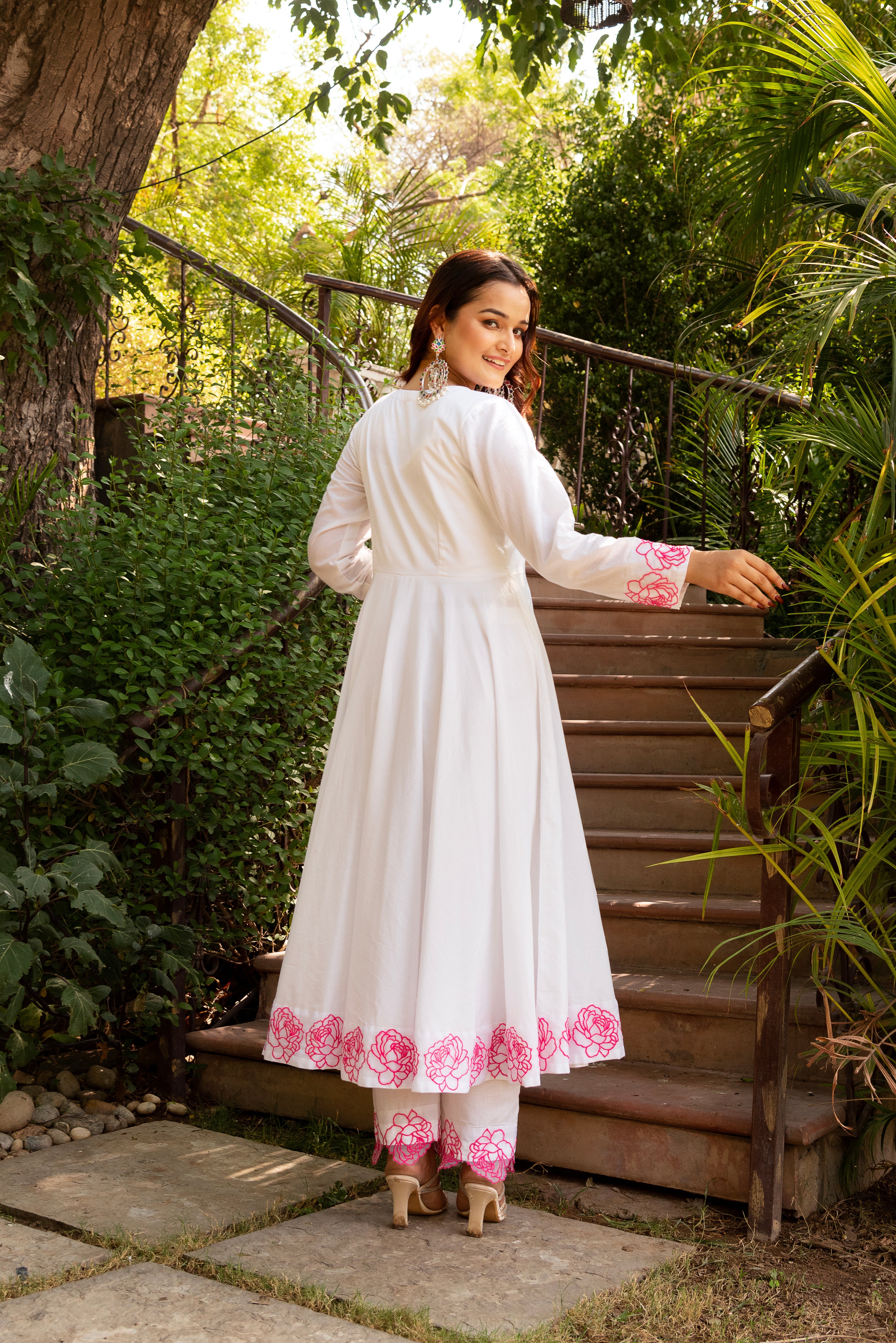 GAURANGI PINK EMBORIDERY COTTON WHITE ANARKALI SET