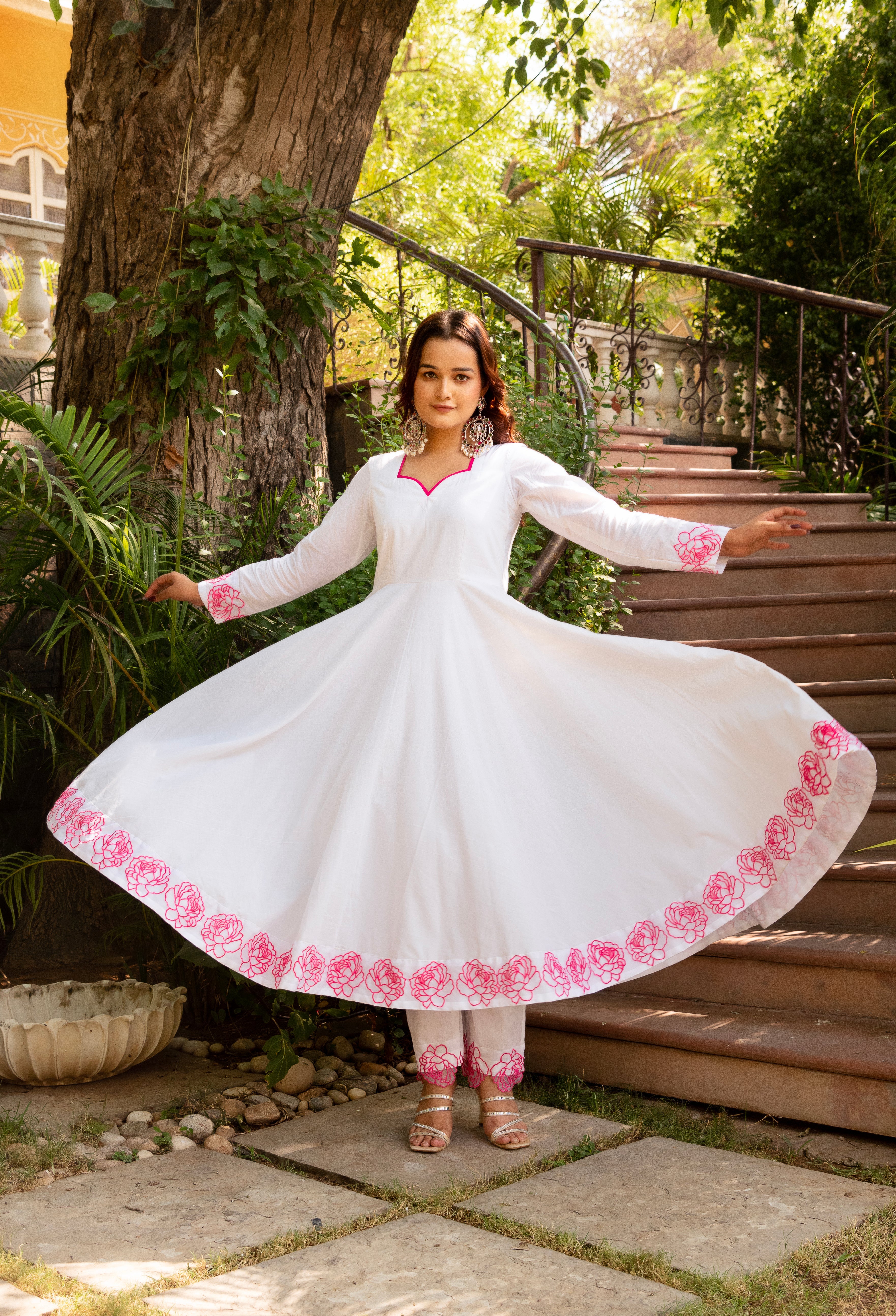 GAURANGI PINK EMBORIDERY COTTON WHITE ANARKALI SET