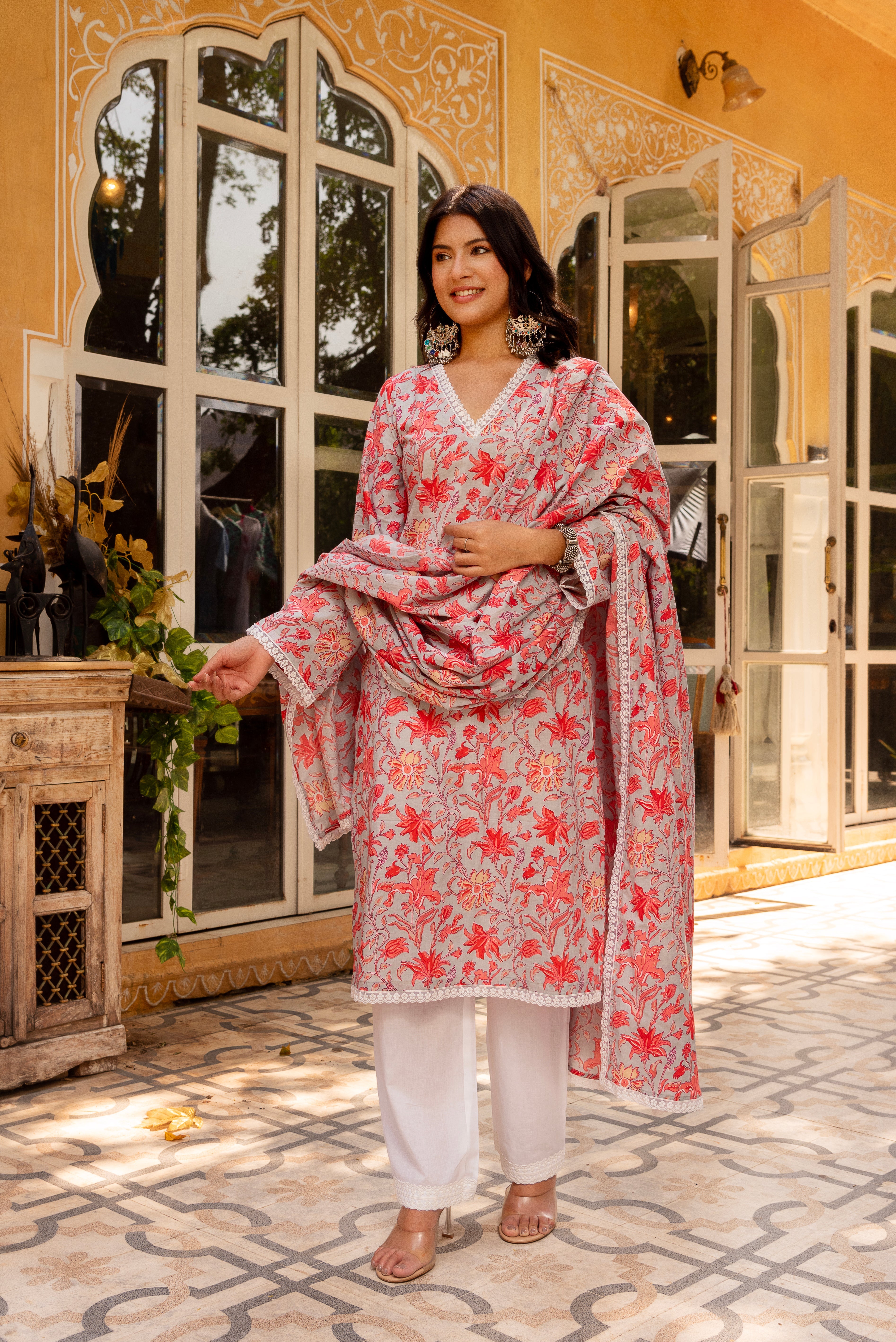 GAURANGI POWDER BLUE FLORAL PRINT COTTON SUIT SET