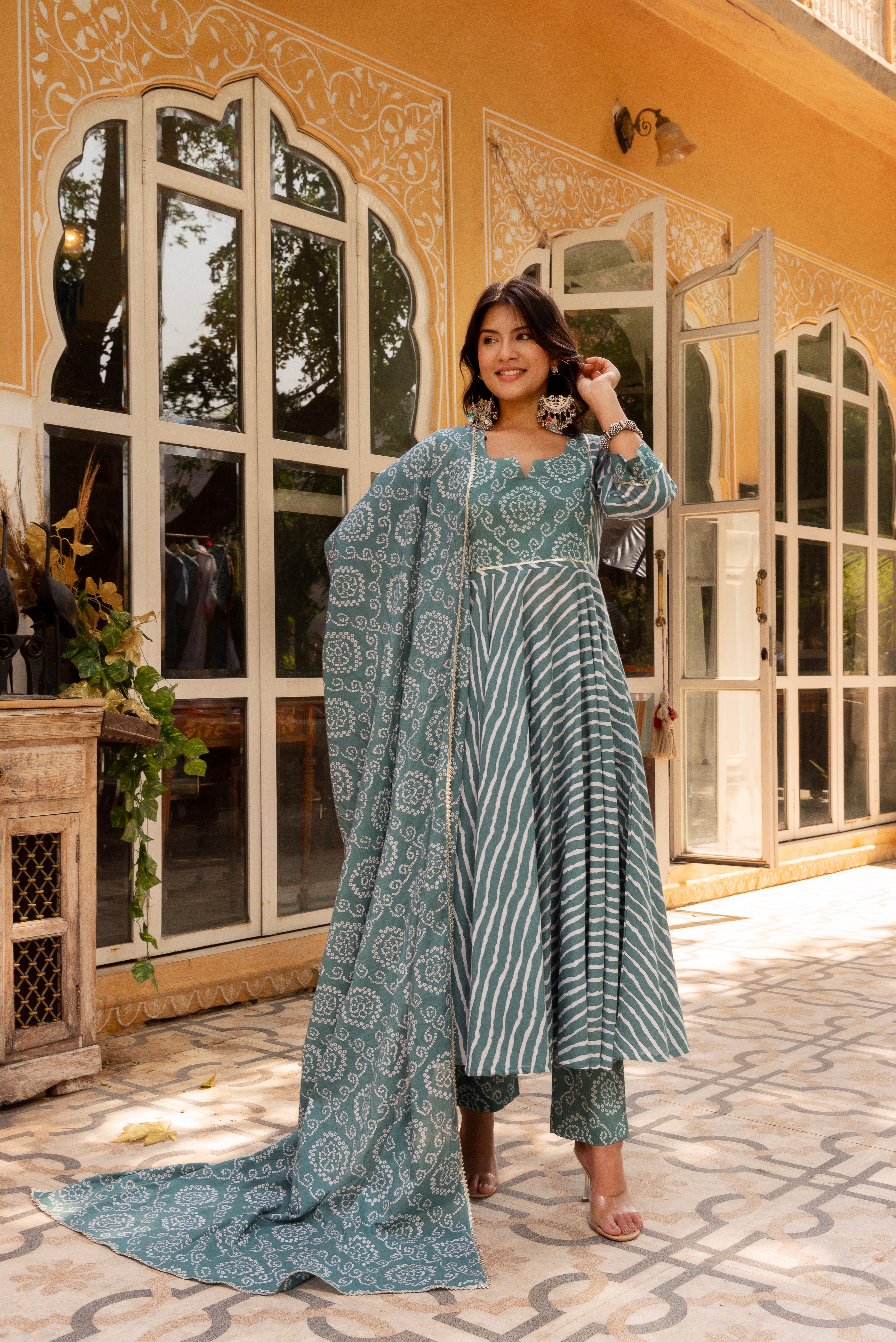 GAURANGI DUSTY BLUE BANDHEJ LEHERIYA COTTON ANARKALI SET