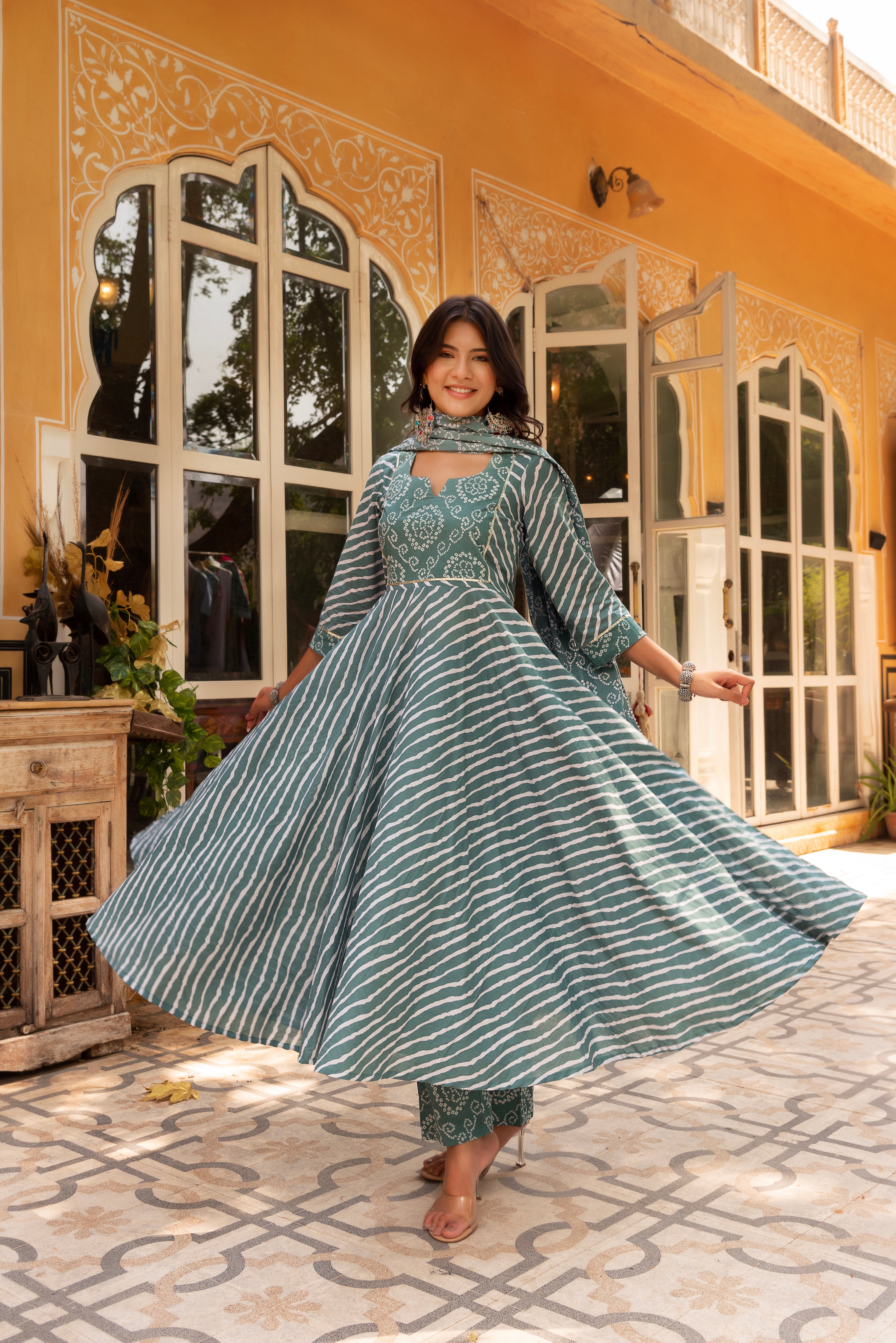 GAURANGI DUSTY BLUE BANDHEJ LEHERIYA COTTON ANARKALI SET