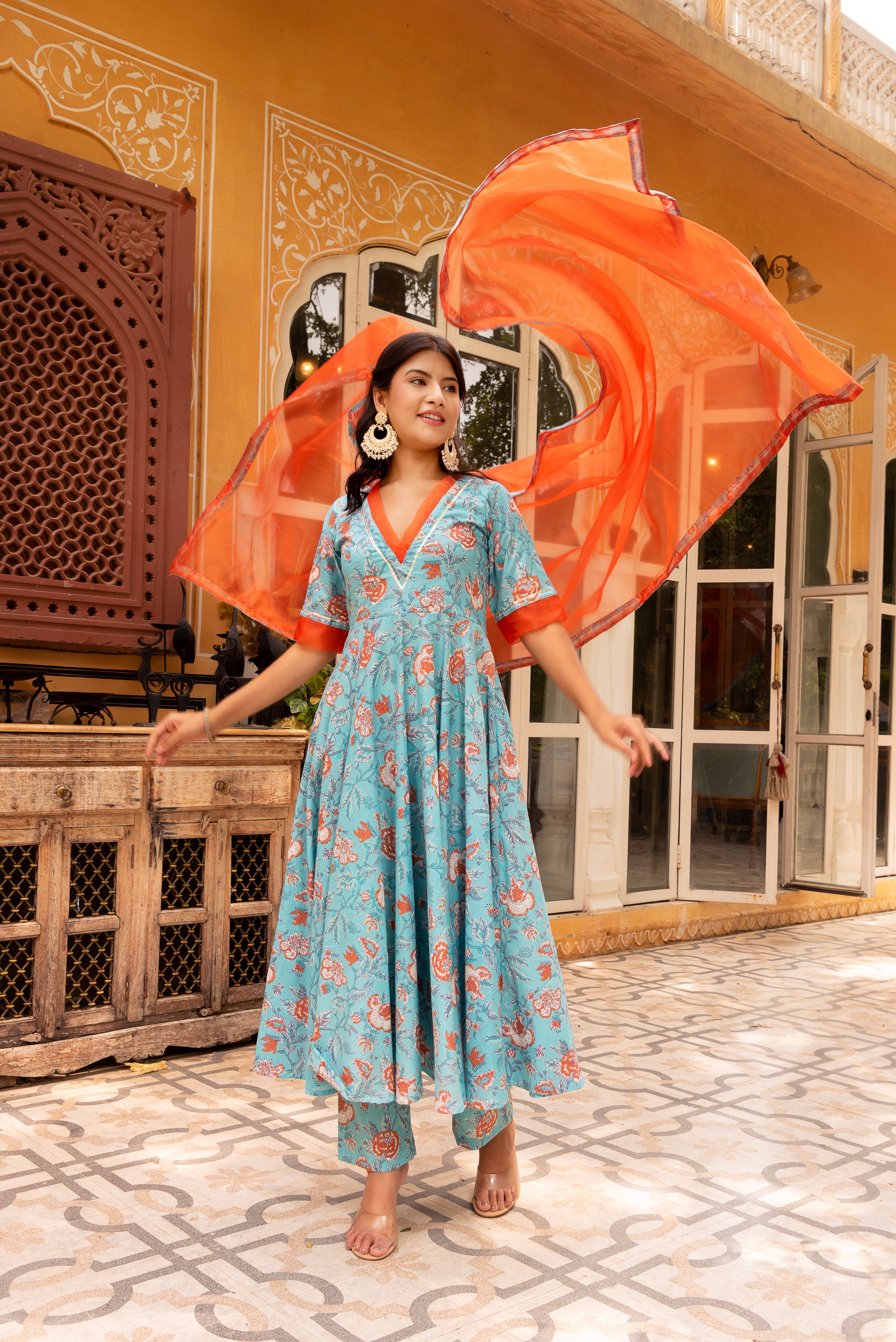 GAURANGI BLUE ORANGE COTTON FLORAL ANARKALI  SET