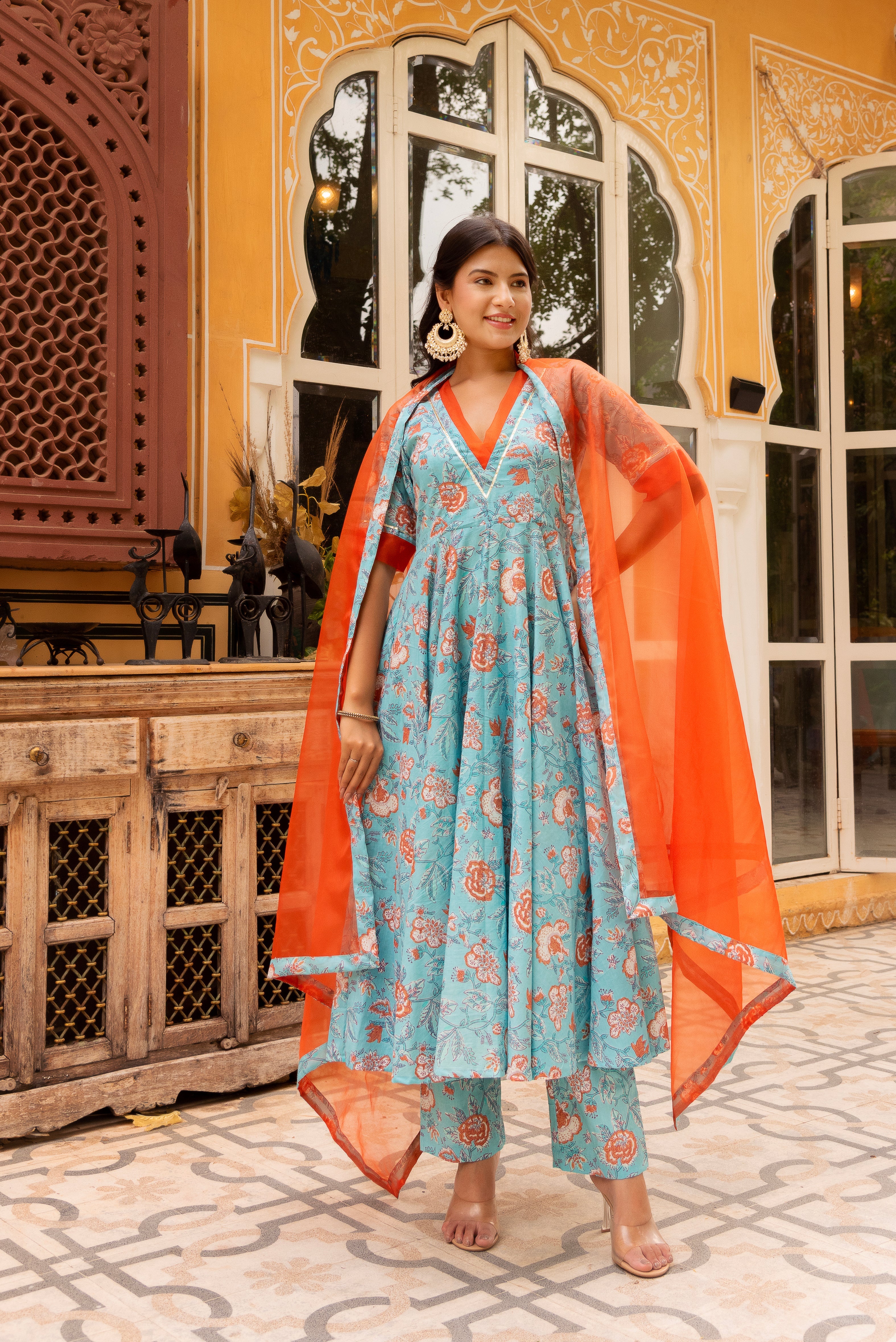 GAURANGI BLUE ORANGE COTTON FLORAL ANARKALI  SET