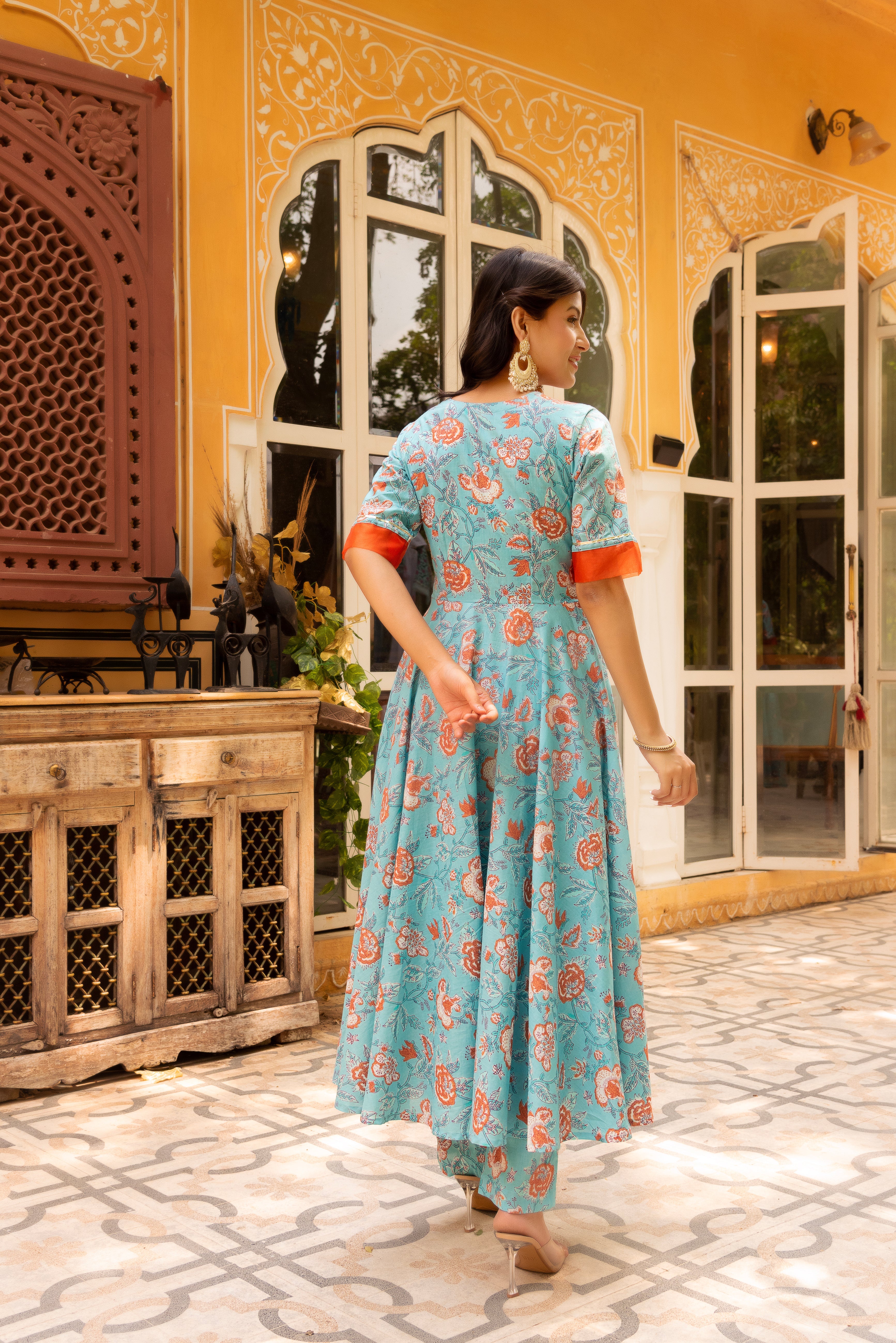 GAURANGI BLUE ORANGE COTTON FLORAL ANARKALI  SET