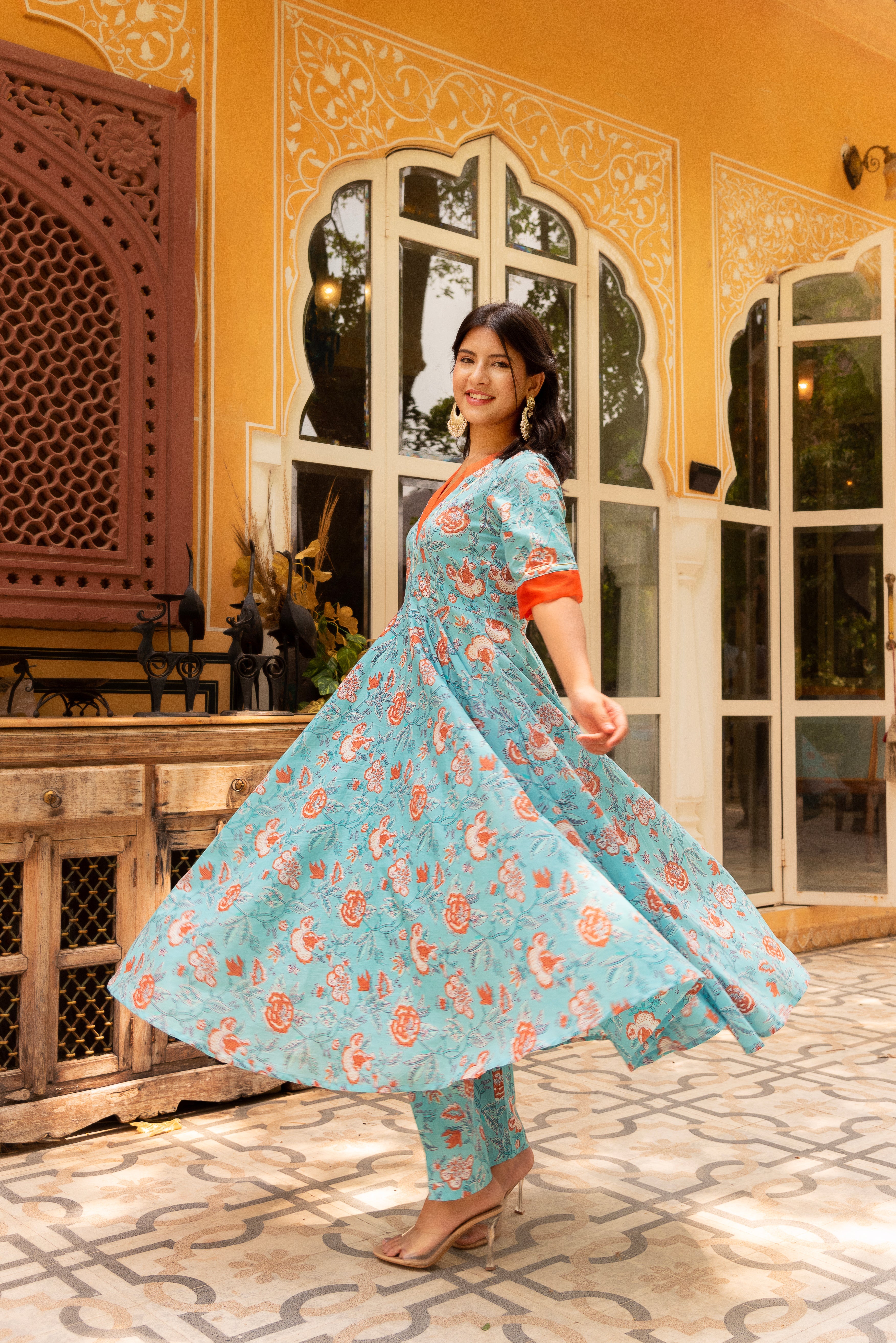 GAURANGI BLUE ORANGE COTTON FLORAL ANARKALI  SET