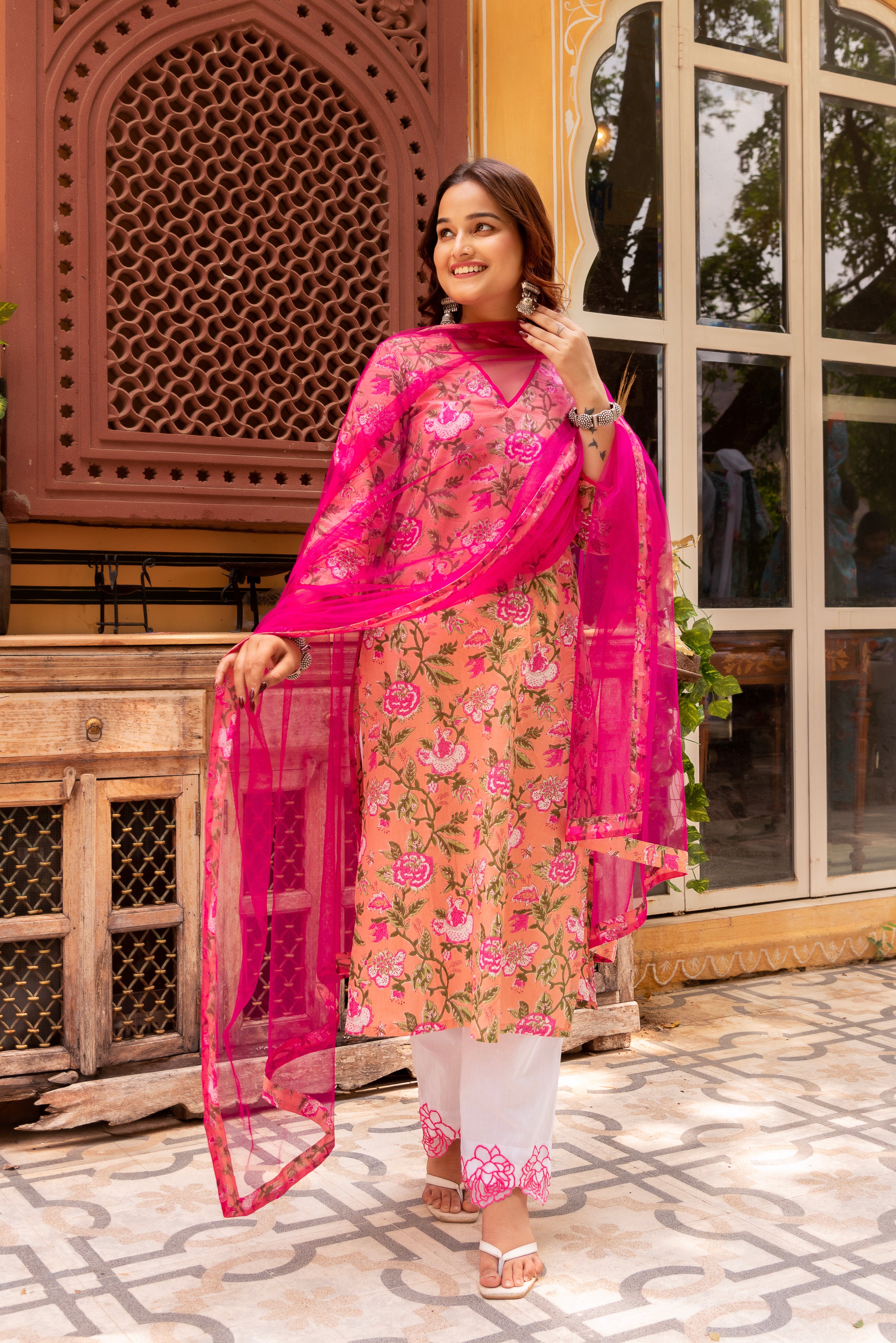 GAURANGI PEACH PINK COTTON PRINT SUIT SET