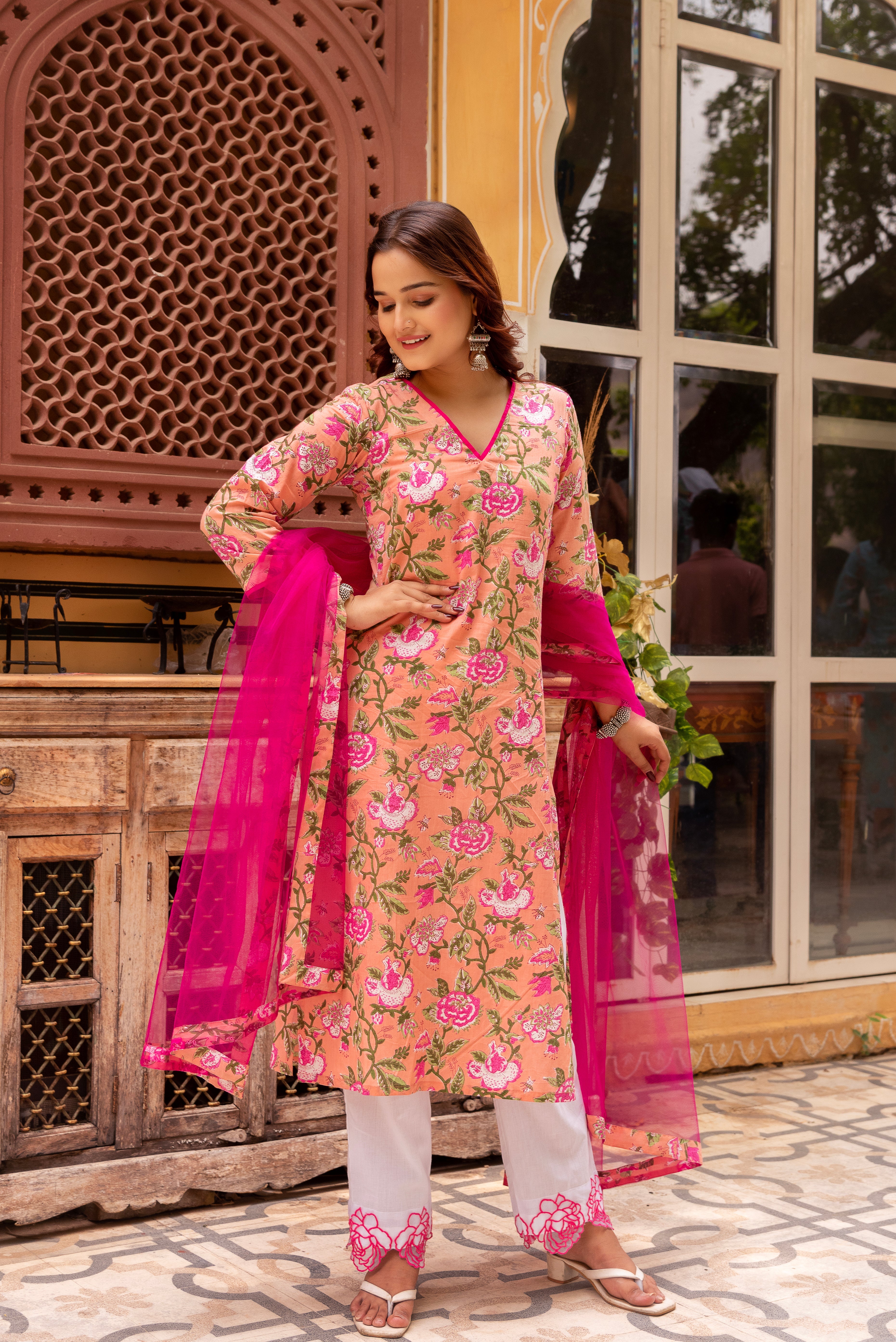 GAURANGI PEACH PINK COTTON PRINT SUIT SET