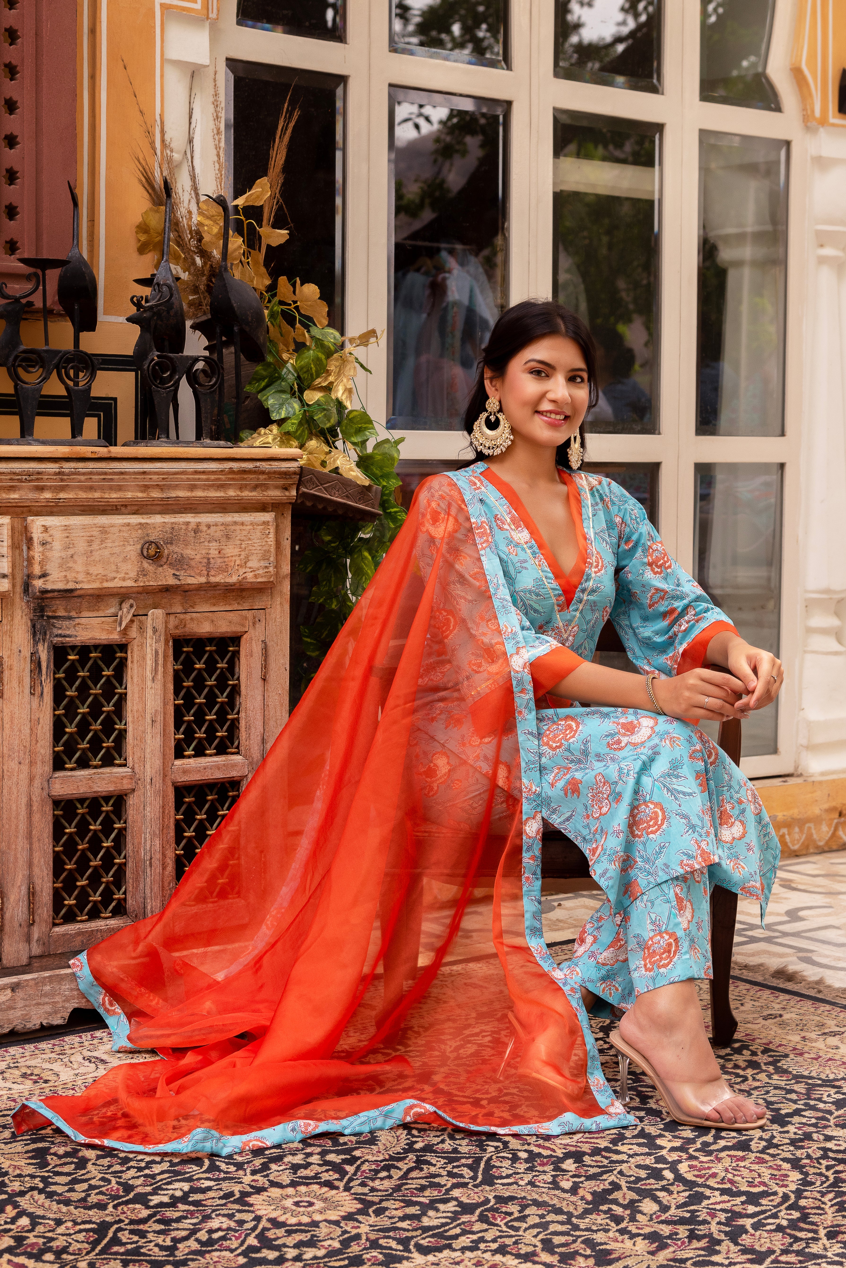 GAURANGI BLUE ORANGE COTTON FLORAL PRINT SUIT SET