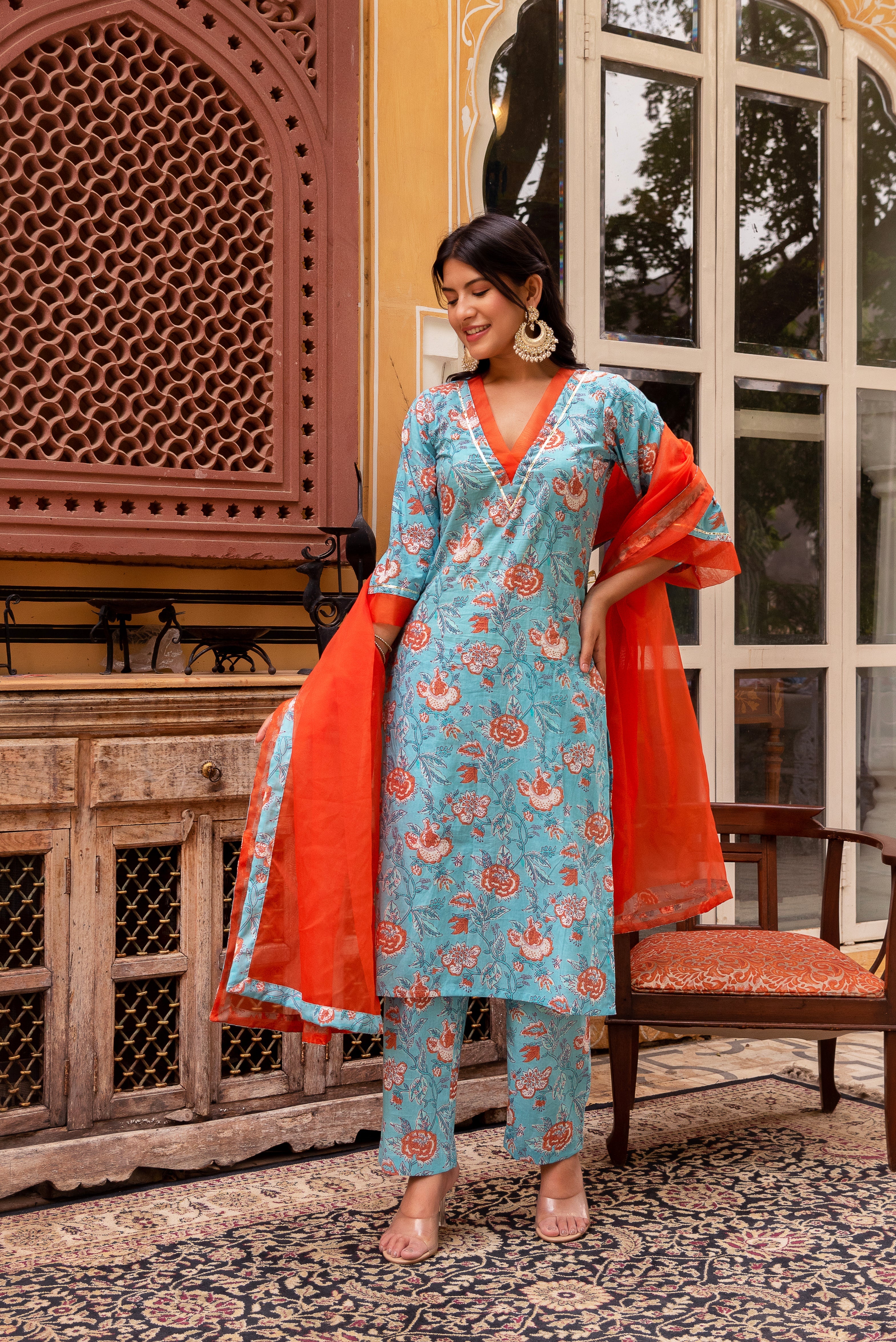 GAURANGI BLUE ORANGE COTTON FLORAL PRINT SUIT SET