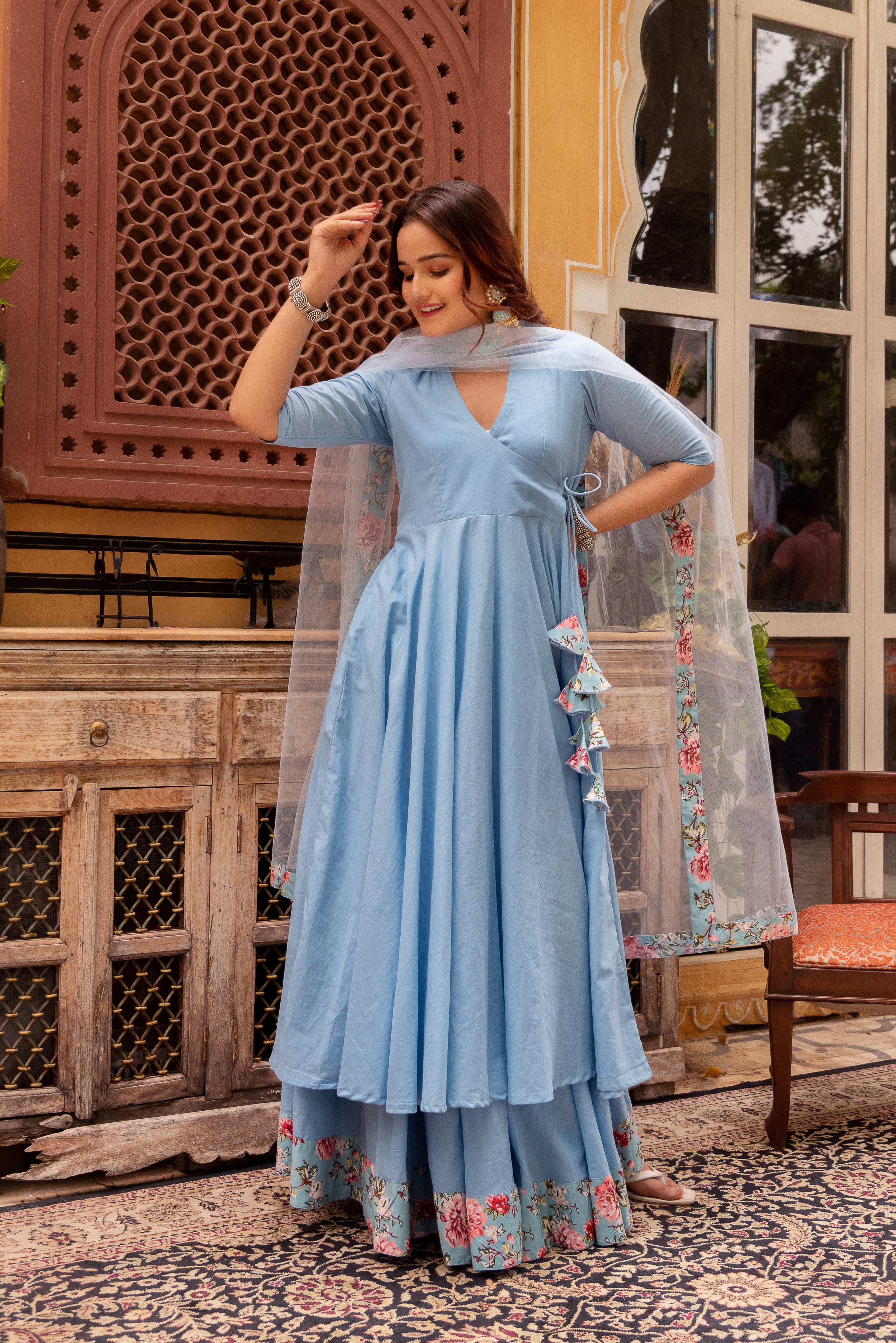 GAURANGI POWDER BLUE COTTON  SKIRT AND ANGRAKHA SET