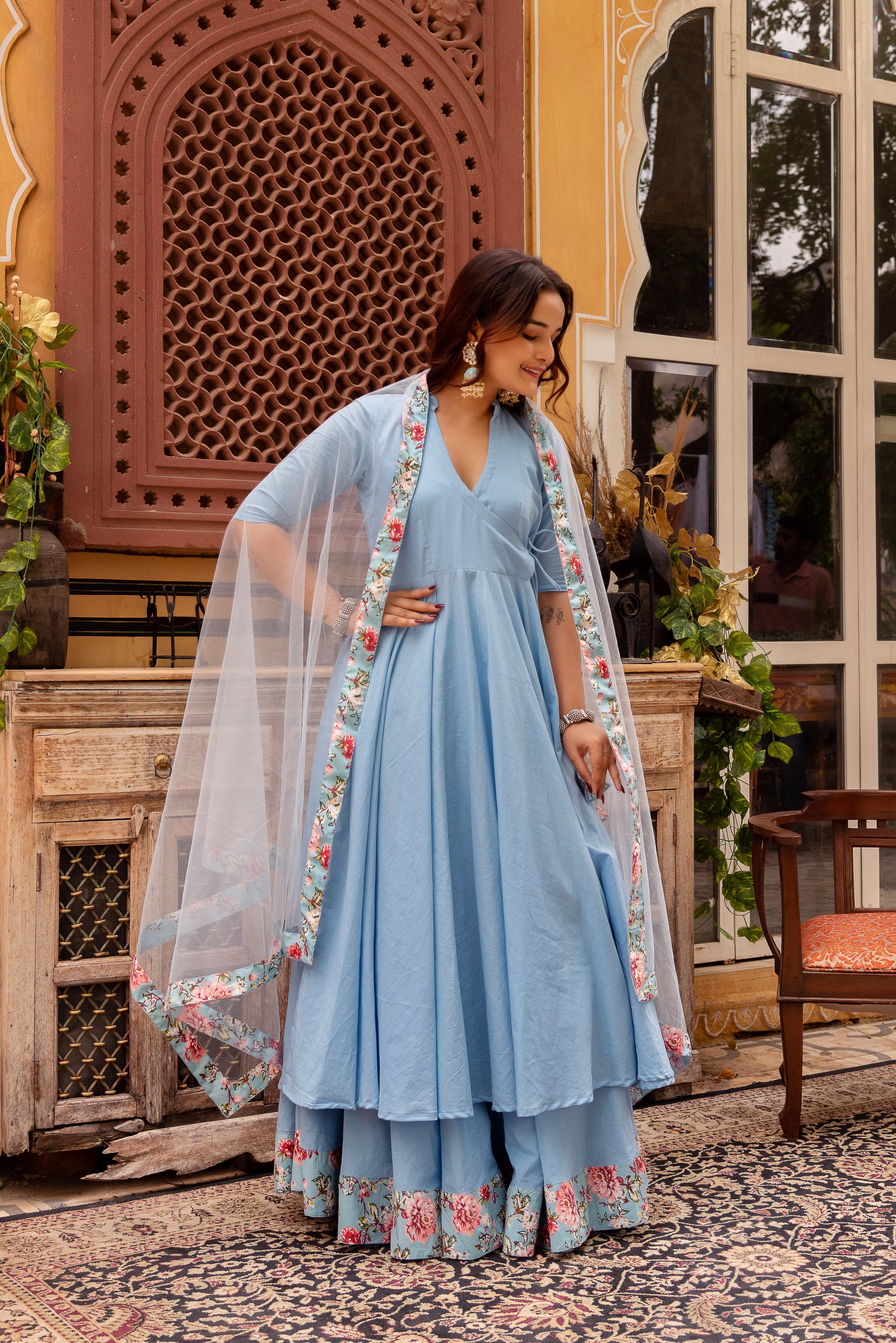 GAURANGI POWDER BLUE COTTON  SKIRT AND ANGRAKHA SET