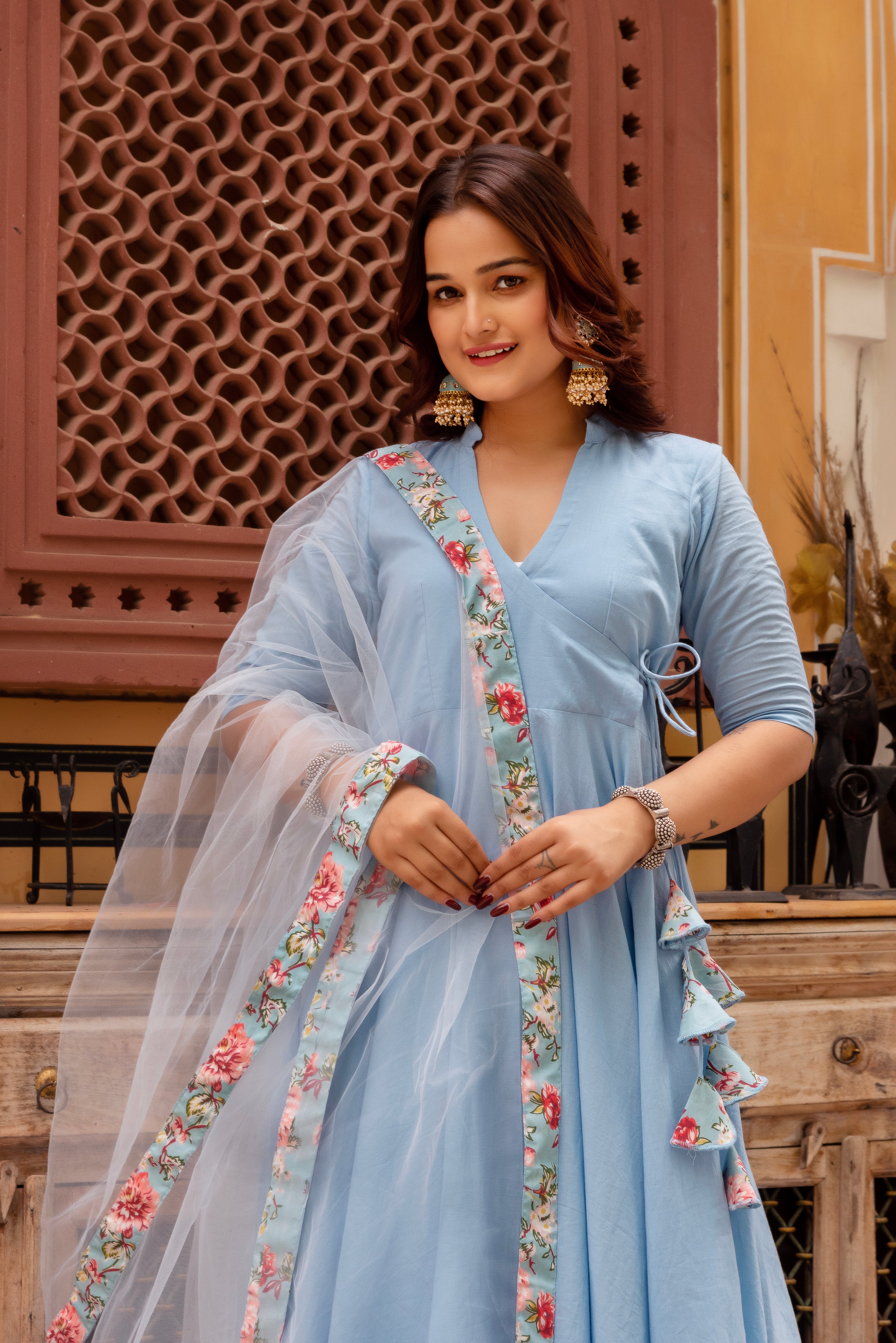 GAURANGI POWDER BLUE COTTON  SKIRT AND ANGRAKHA SET