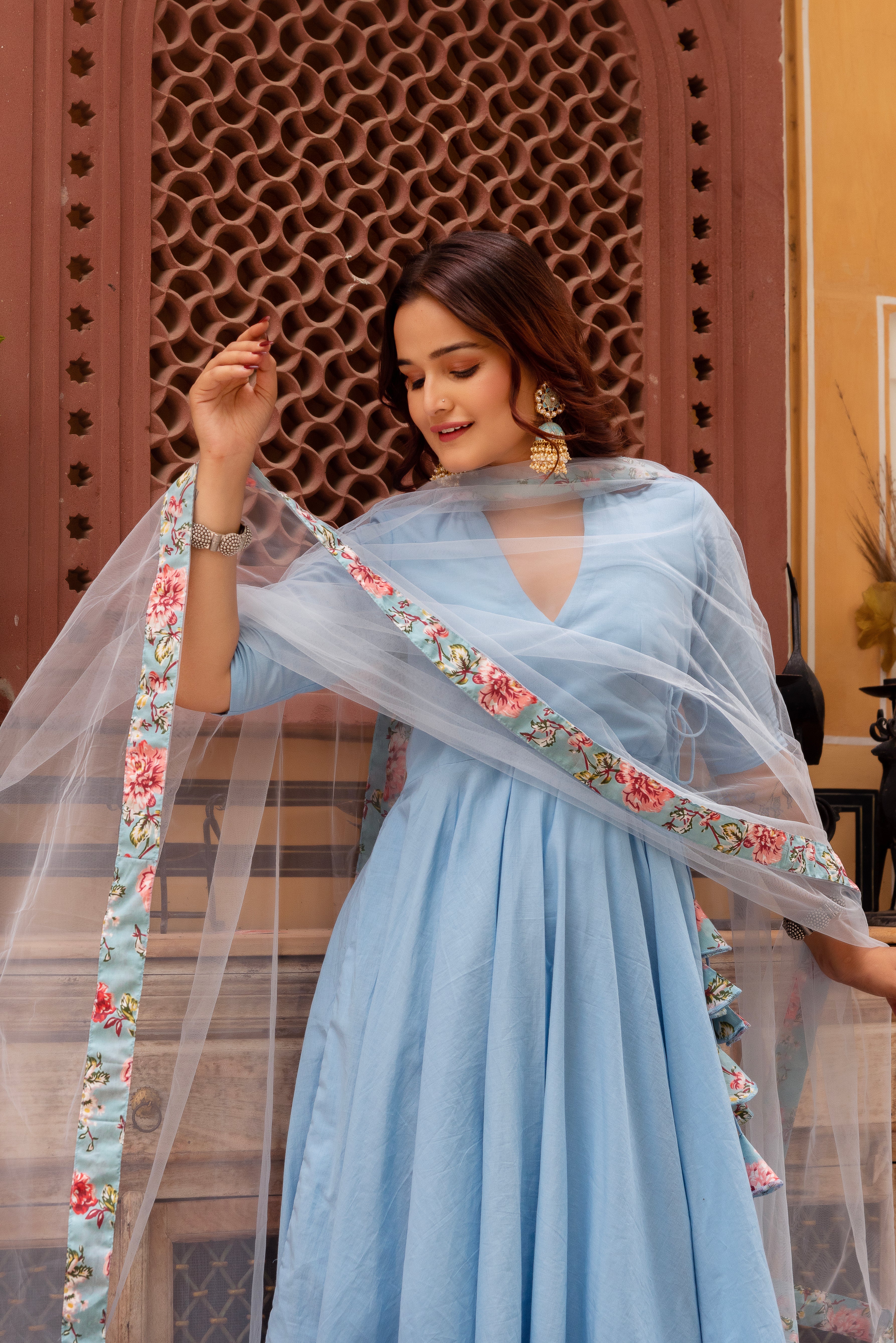 GAURANGI POWDER BLUE COTTON  SKIRT AND ANGRAKHA SET