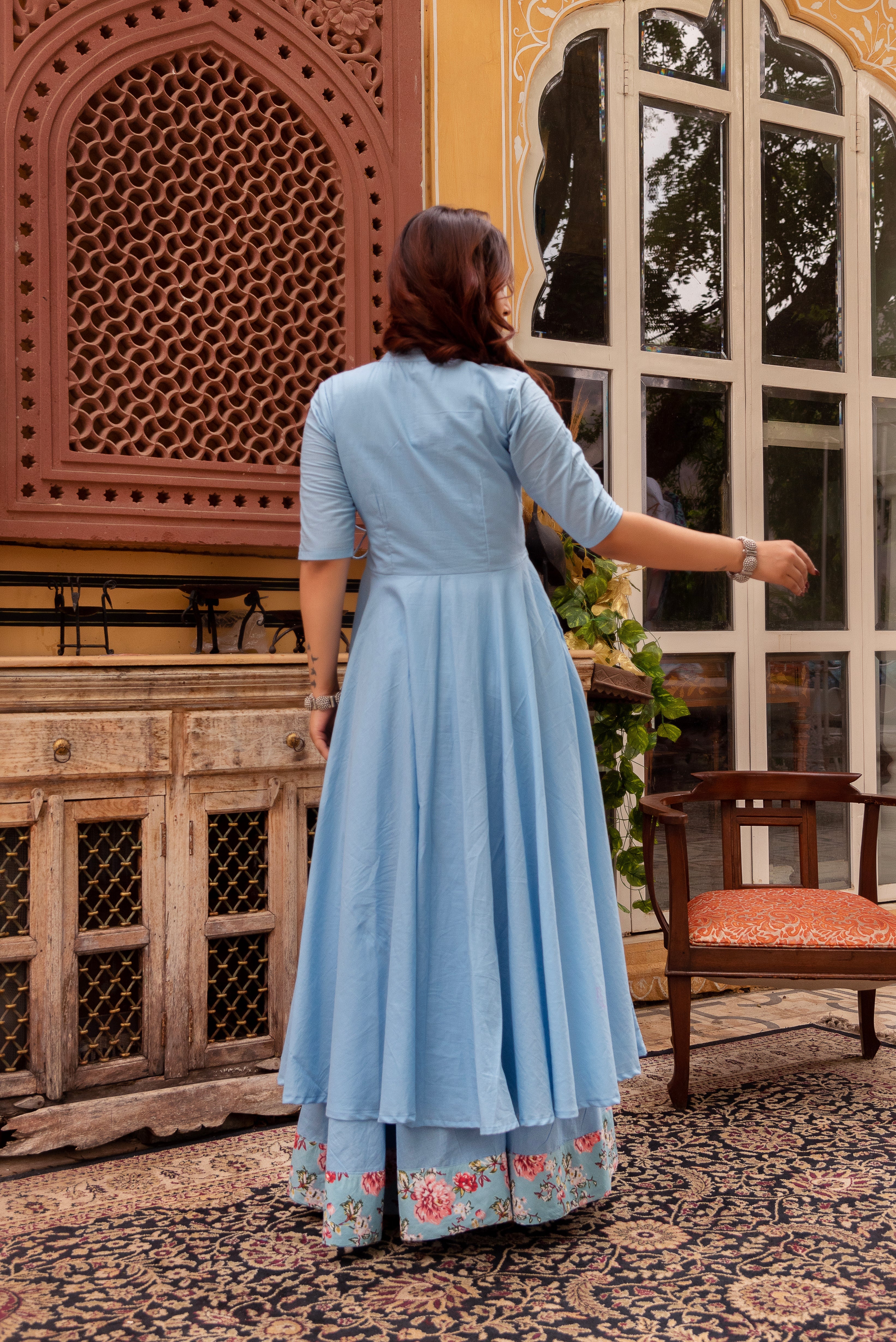 GAURANGI POWDER BLUE COTTON  SKIRT AND ANGRAKHA SET