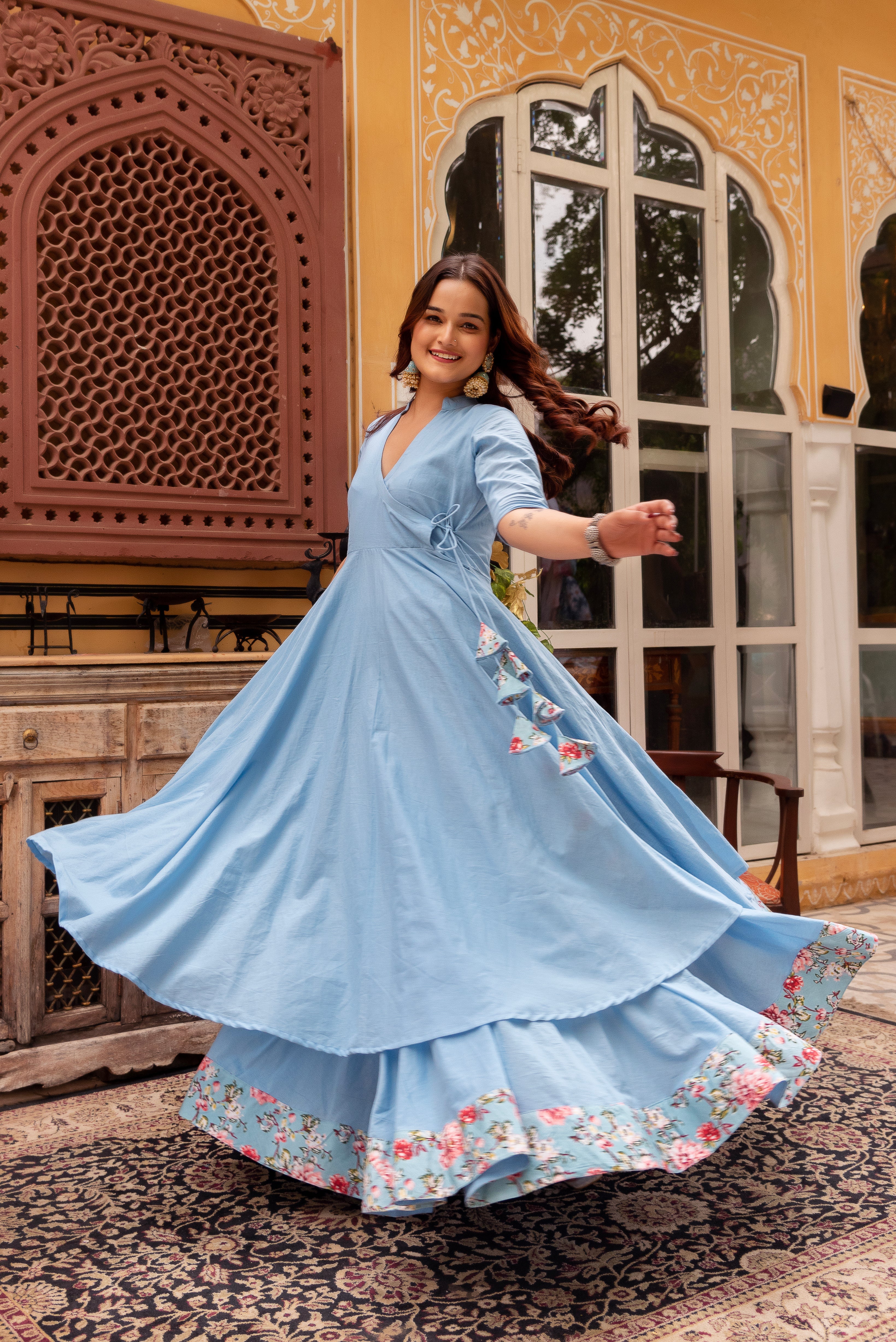 GAURANGI POWDER BLUE COTTON  SKIRT AND ANGRAKHA SET