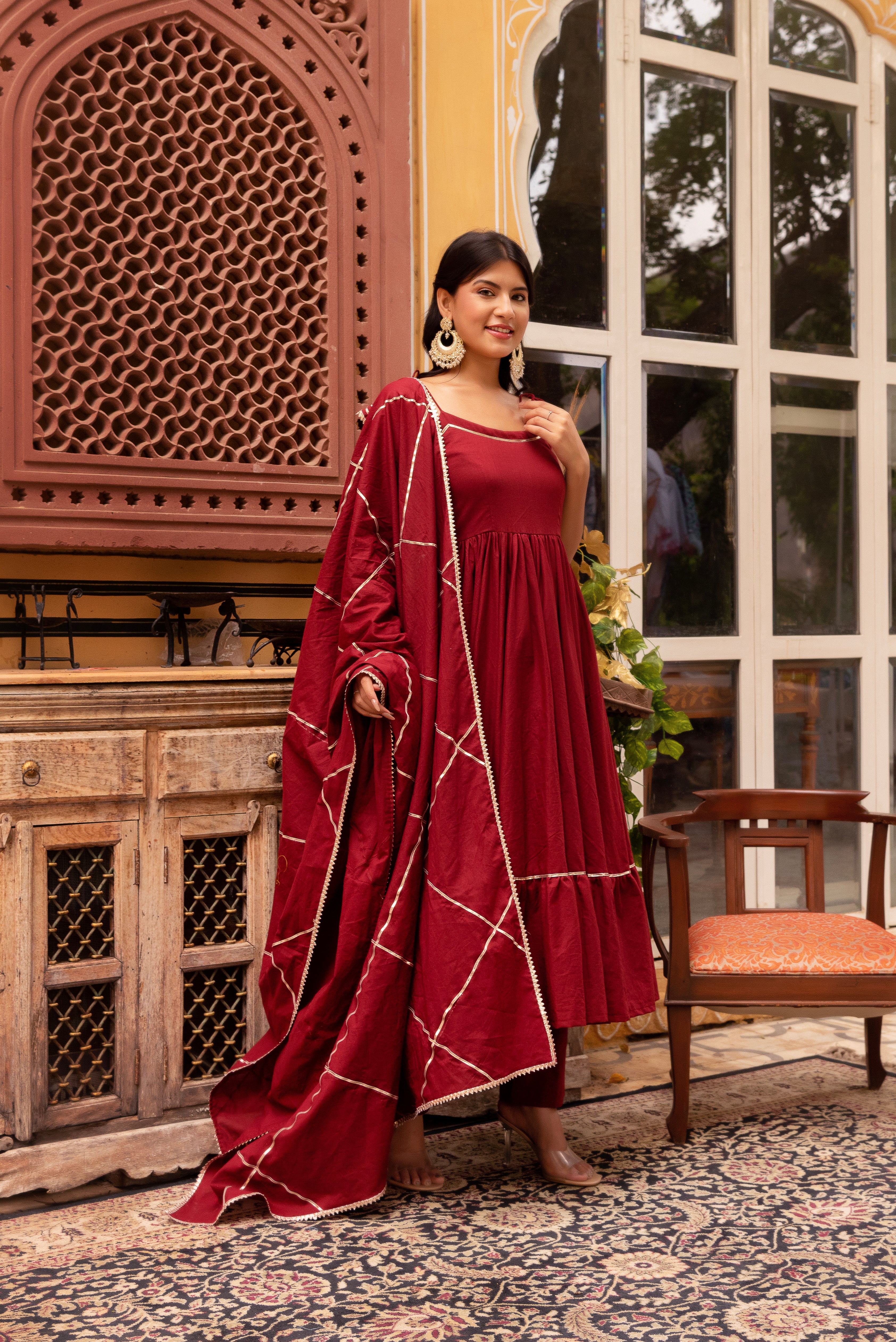 GAURANGI MARRON GOTTA PATTI COTTON TIERED  ANARKALI SET