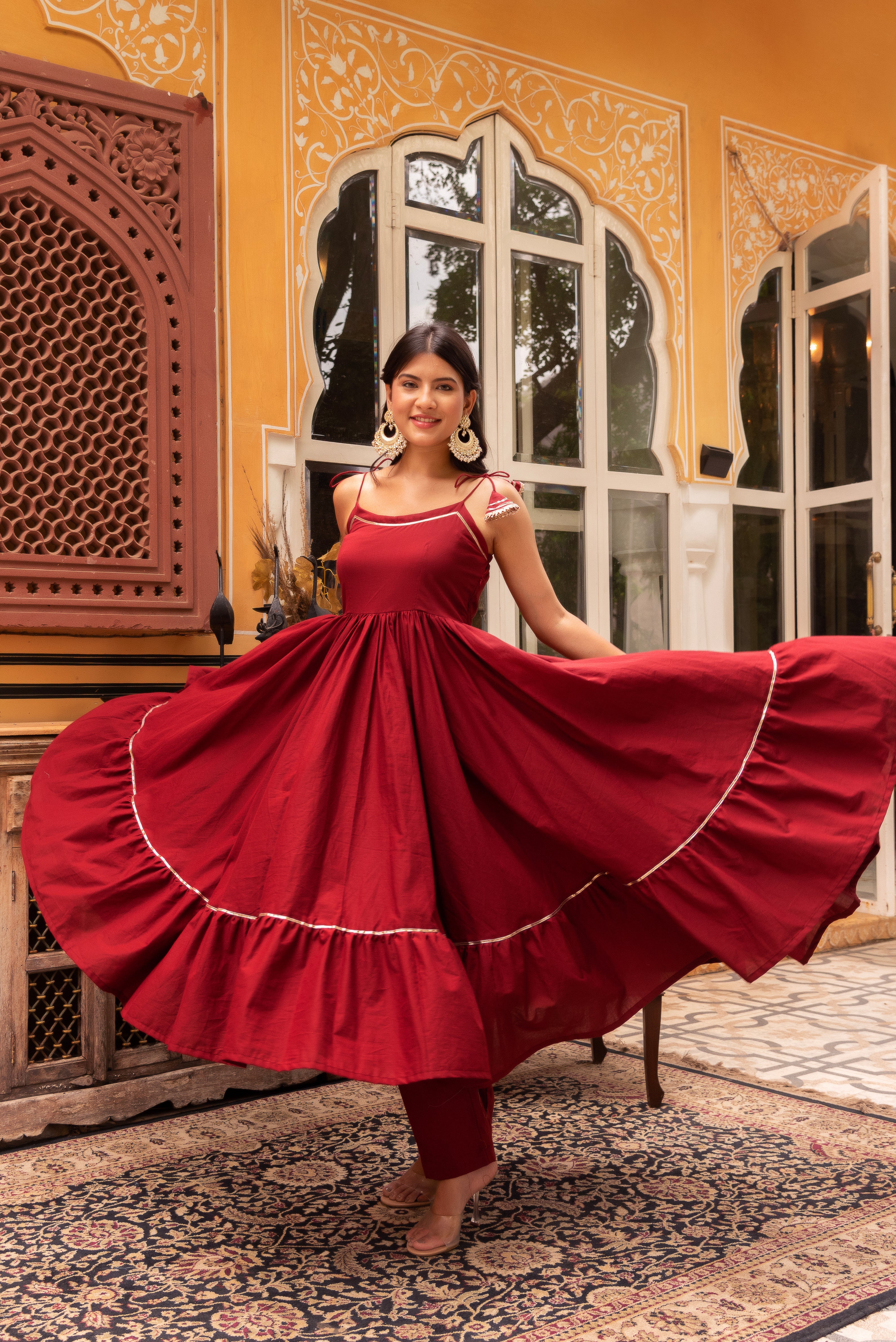 GAURANGI MARRON GOTTA PATTI COTTON TIERED  ANARKALI SET