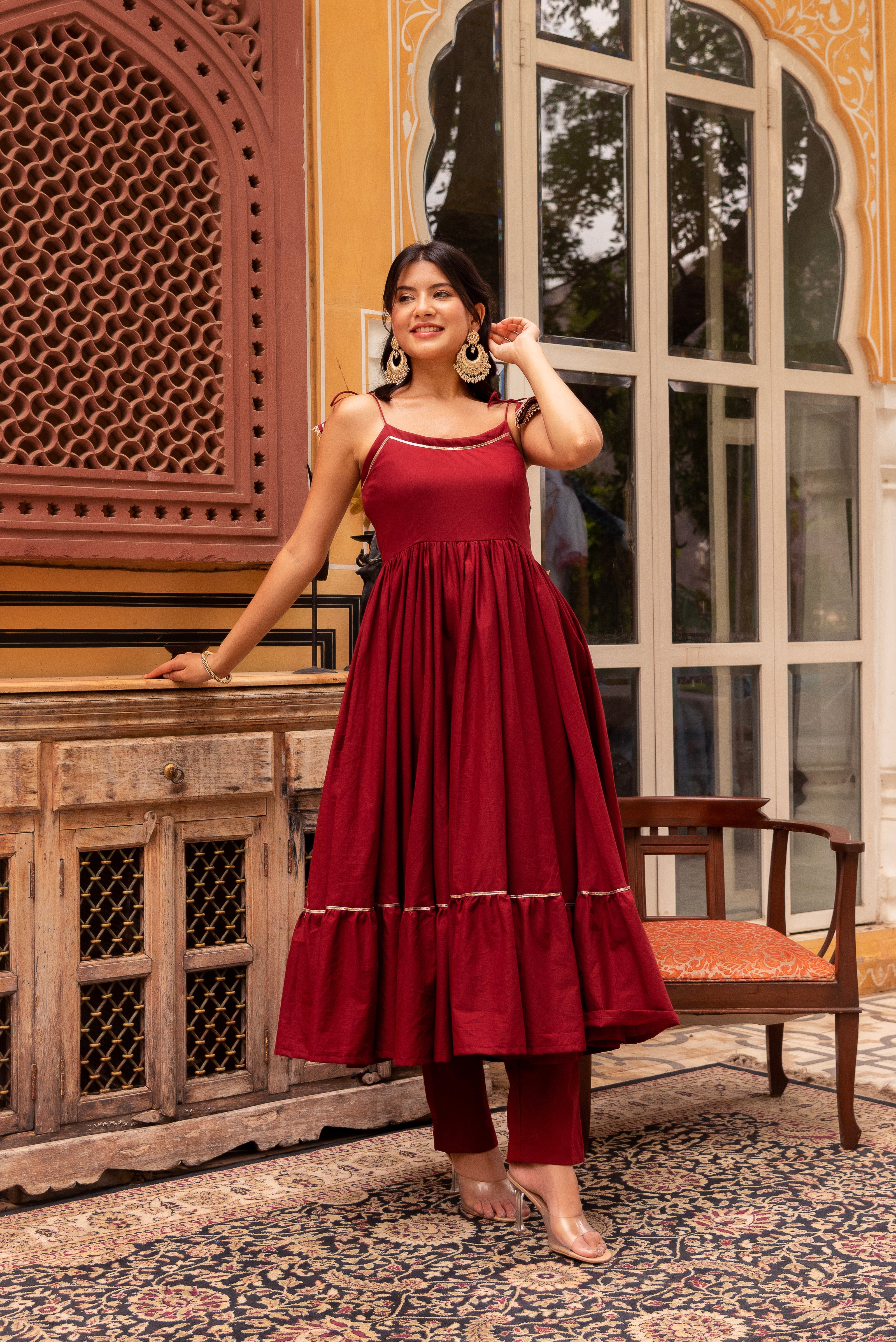 GAURANGI MARRON GOTTA PATTI COTTON TIERED  ANARKALI SET