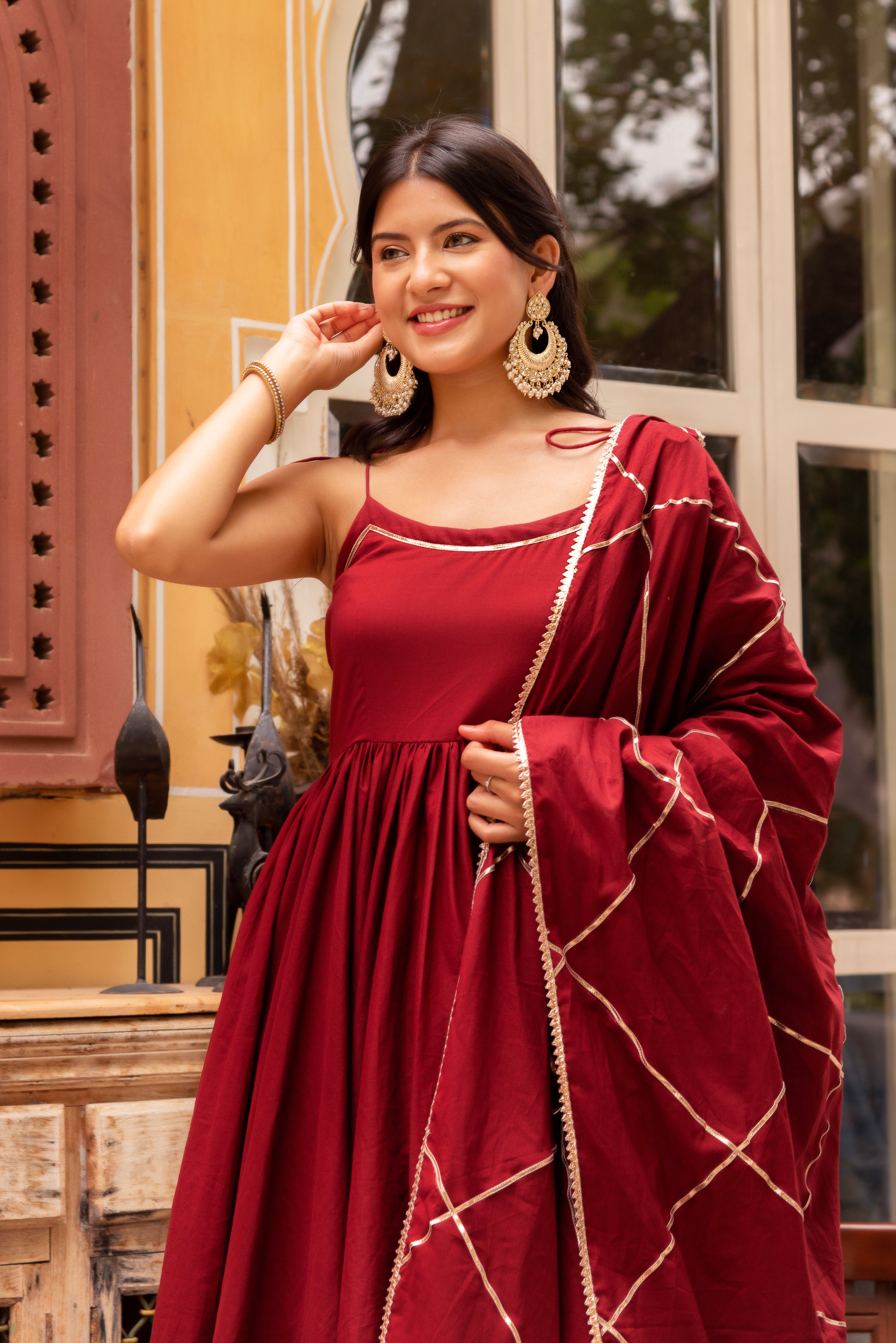 GAURANGI MARRON GOTTA PATTI COTTON TIERED  ANARKALI SET