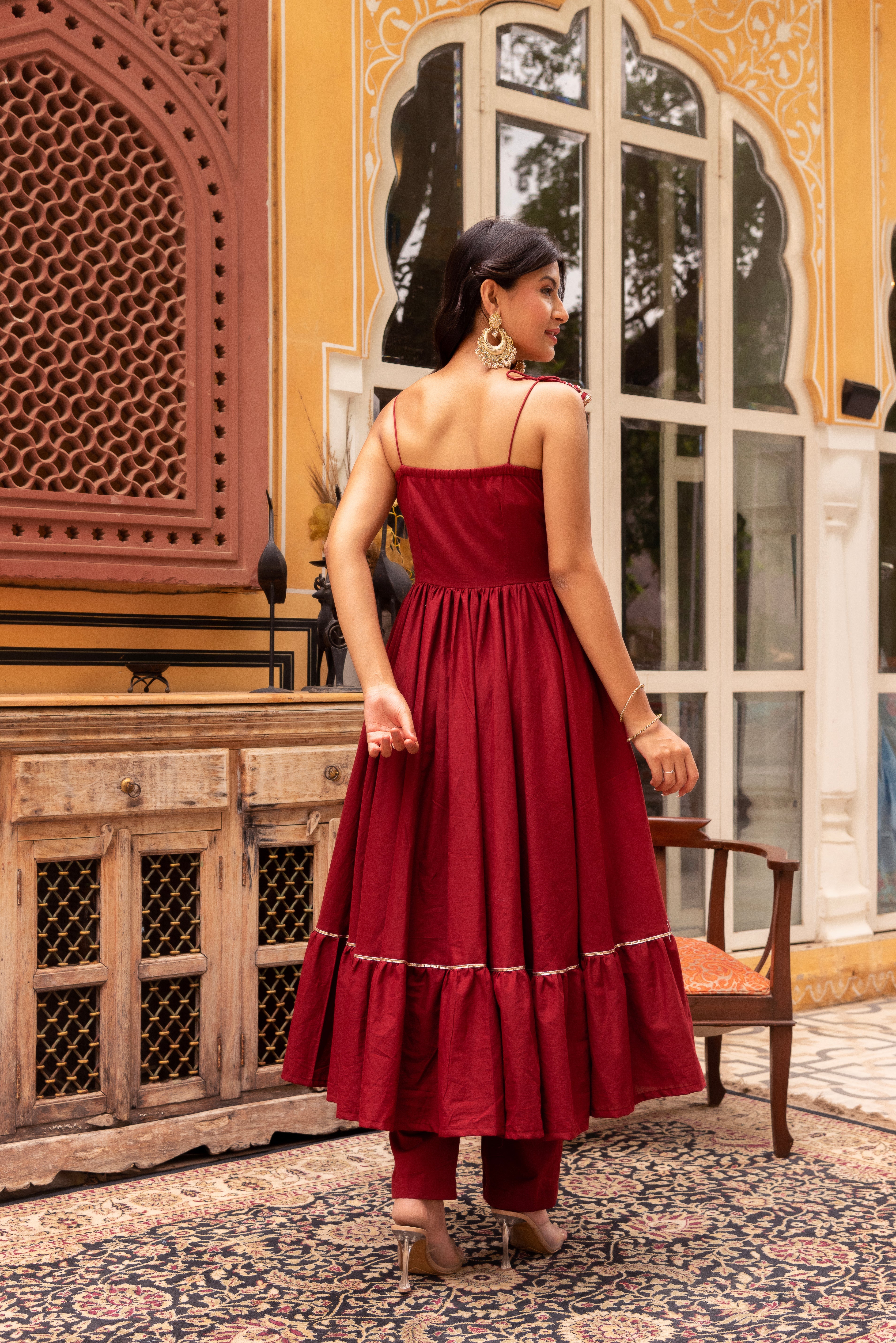 GAURANGI MARRON GOTTA PATTI COTTON TIERED  ANARKALI SET