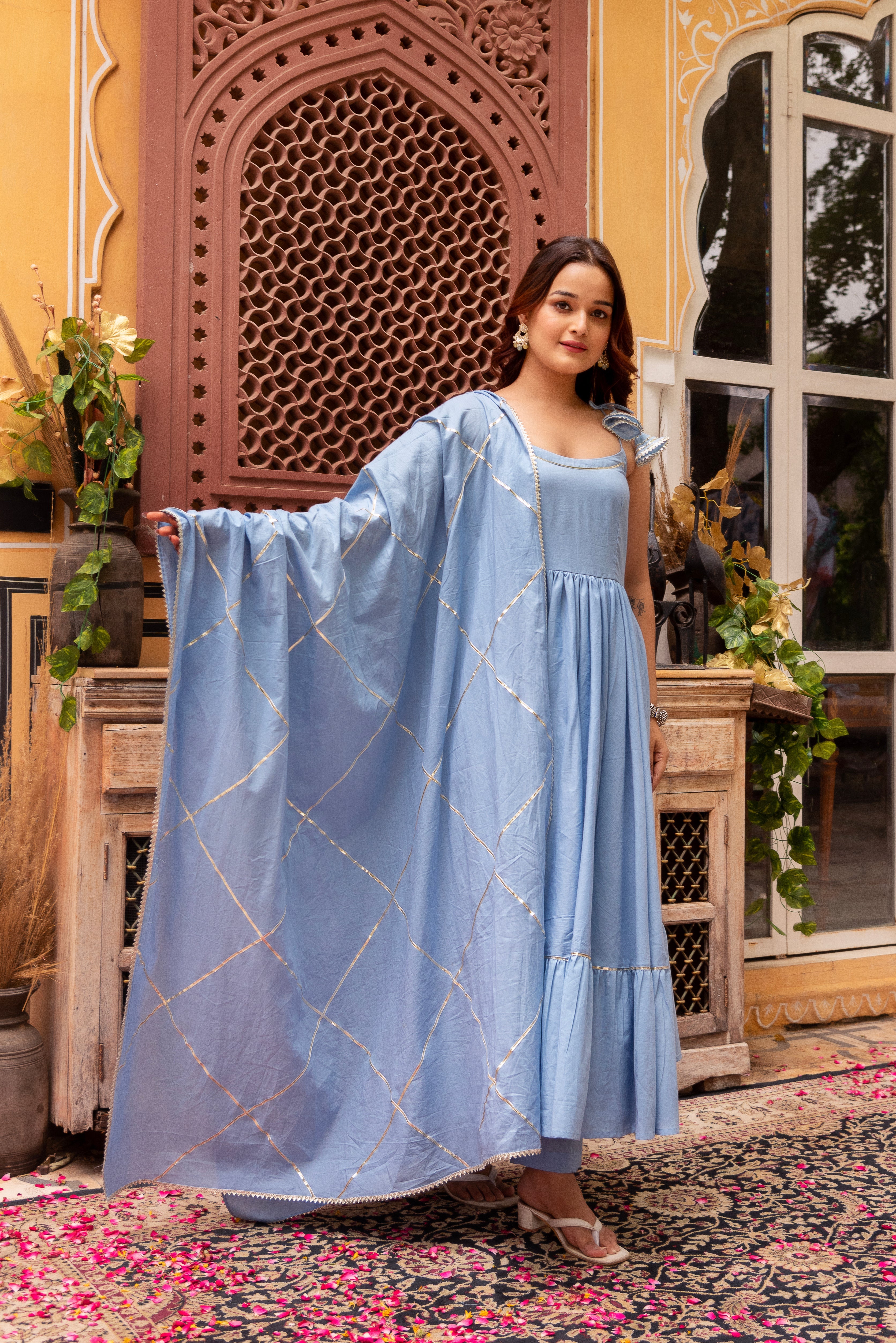 GAURANGI POWDER BLUE GOTTA PATTI COTTON TIERED  ANARKALI SET