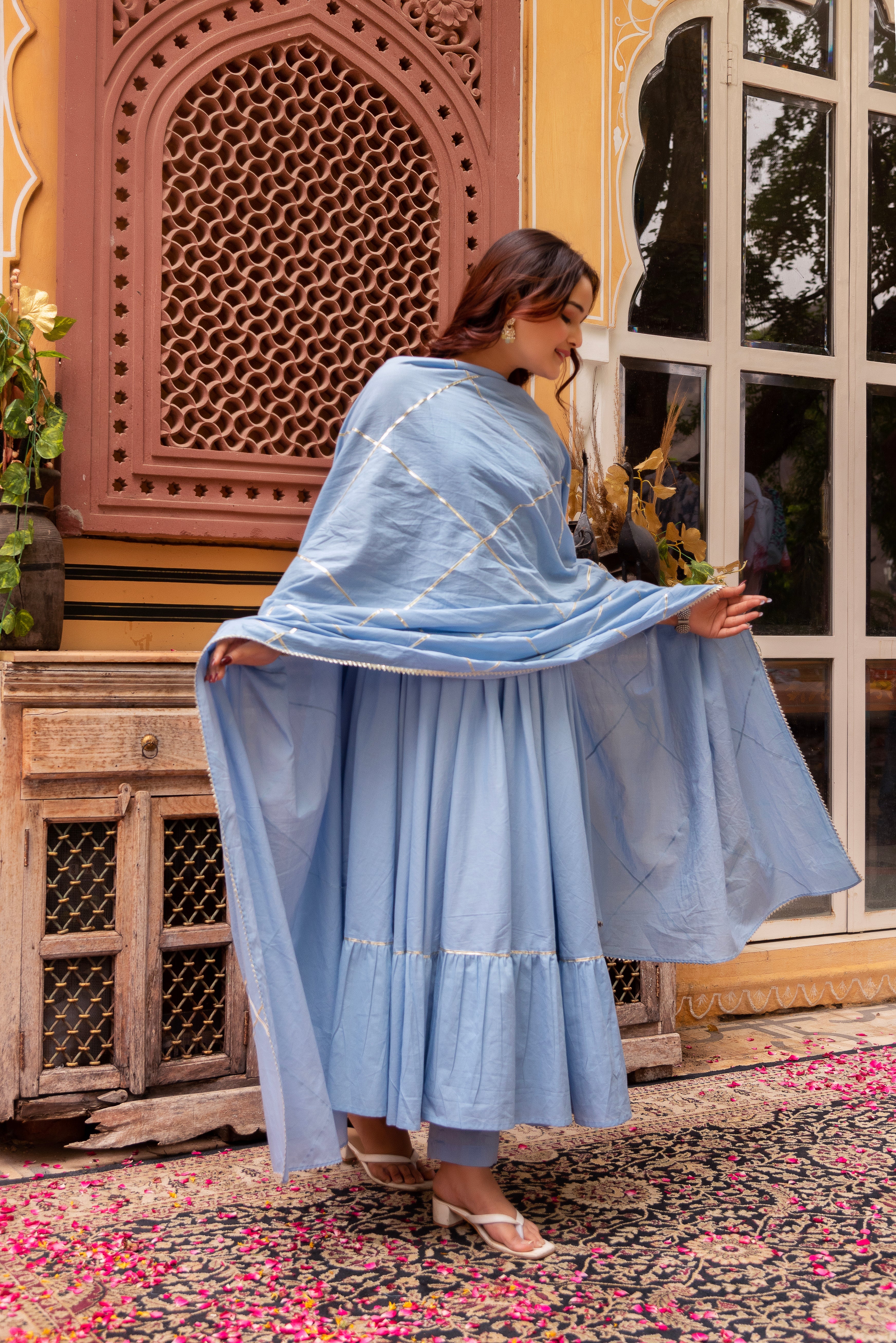 GAURANGI POWDER BLUE GOTTA PATTI COTTON TIERED  ANARKALI SET