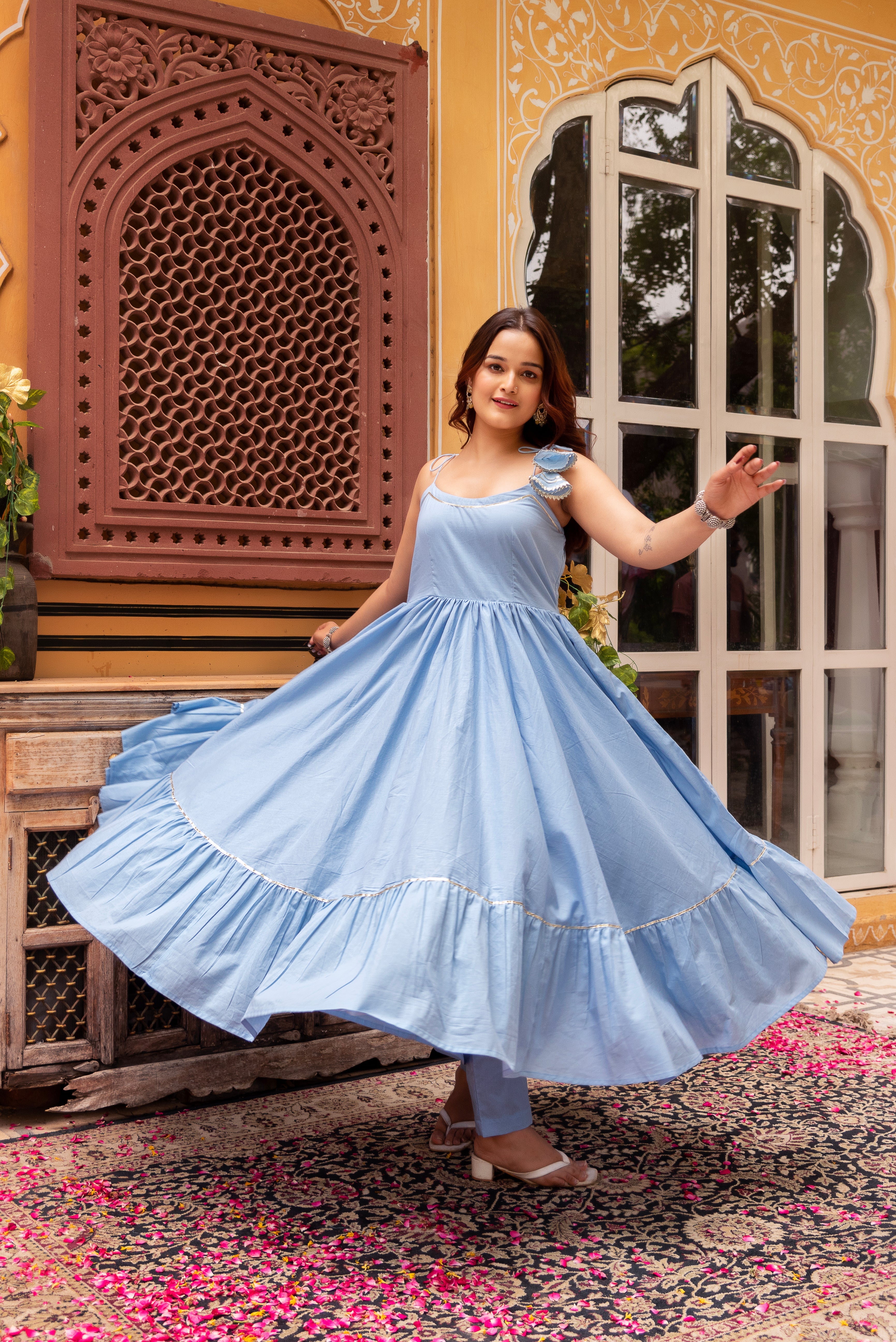 GAURANGI POWDER BLUE GOTTA PATTI COTTON TIERED  ANARKALI SET