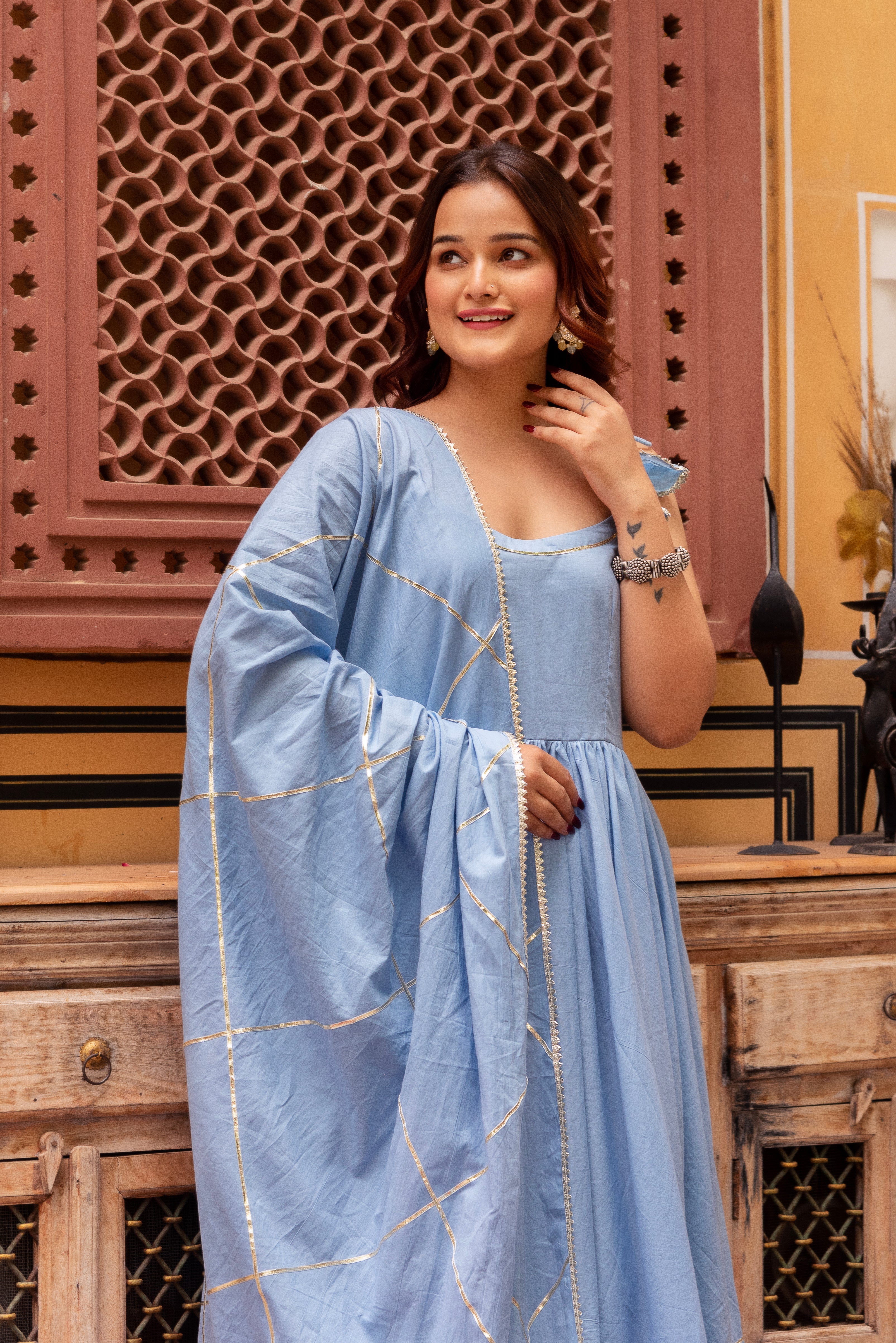 GAURANGI POWDER BLUE GOTTA PATTI COTTON TIERED  ANARKALI SET