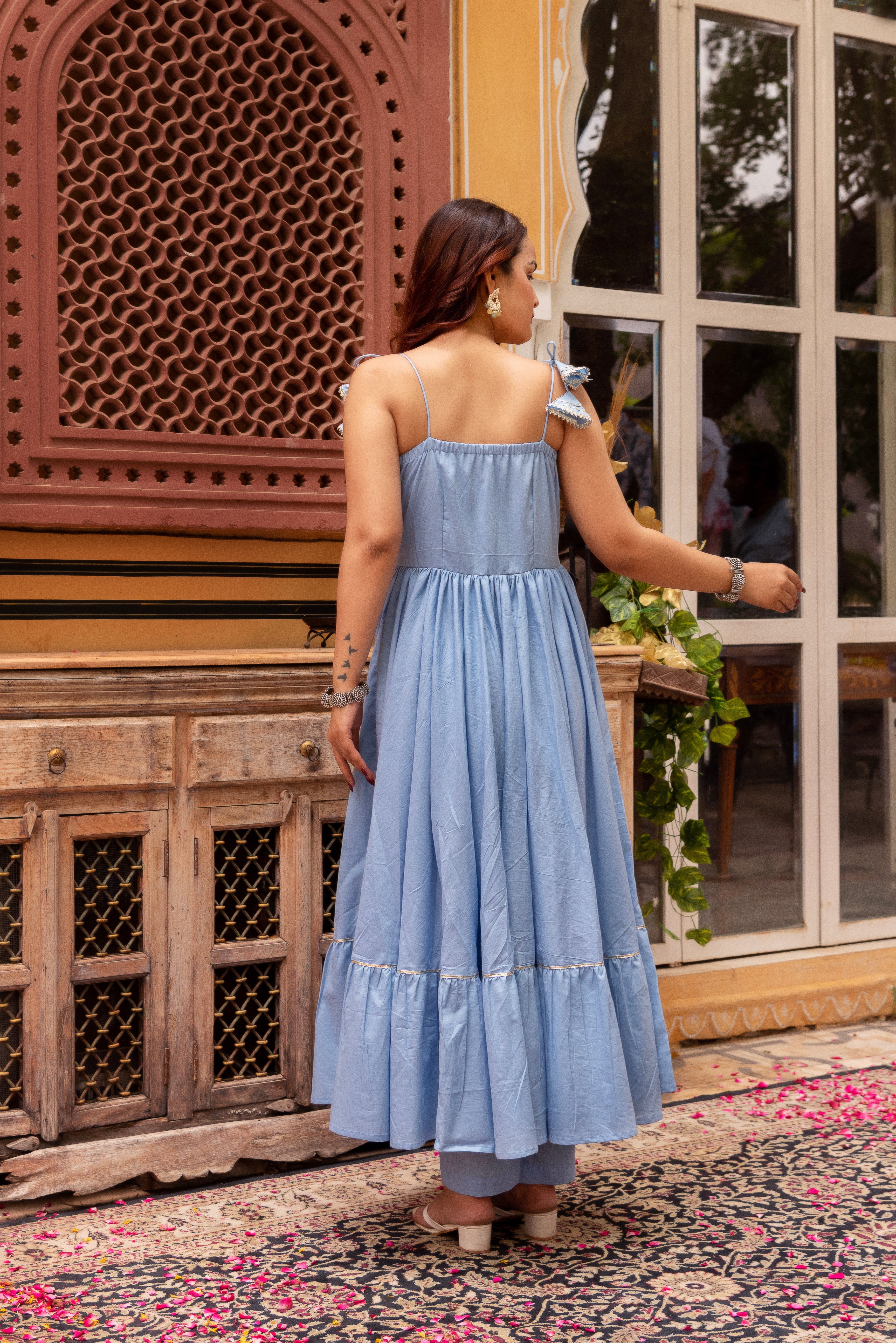 GAURANGI POWDER BLUE GOTTA PATTI COTTON TIERED  ANARKALI SET