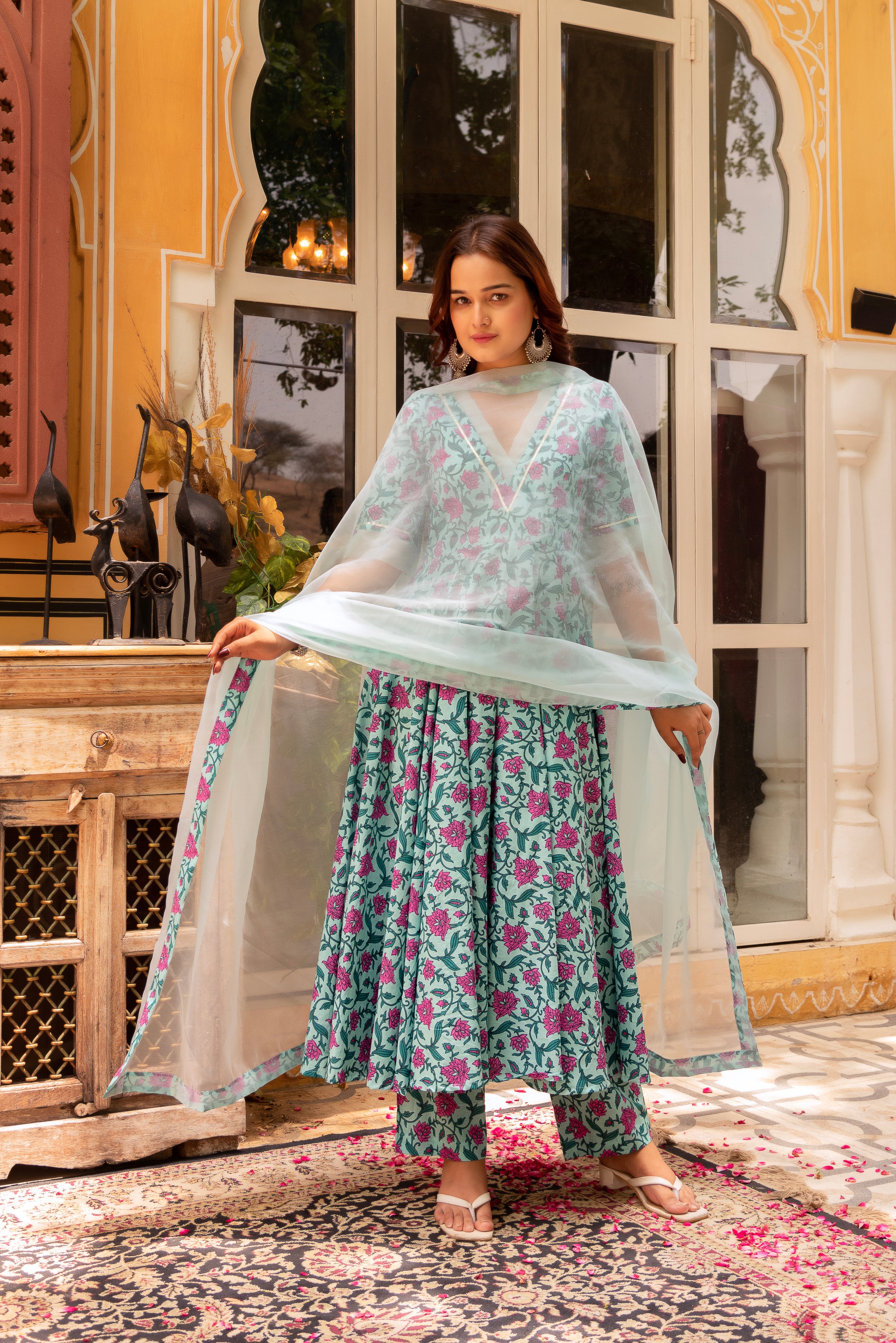 GAURANGI BLUE PINK COTTON PRINTED ANARKALI  SET