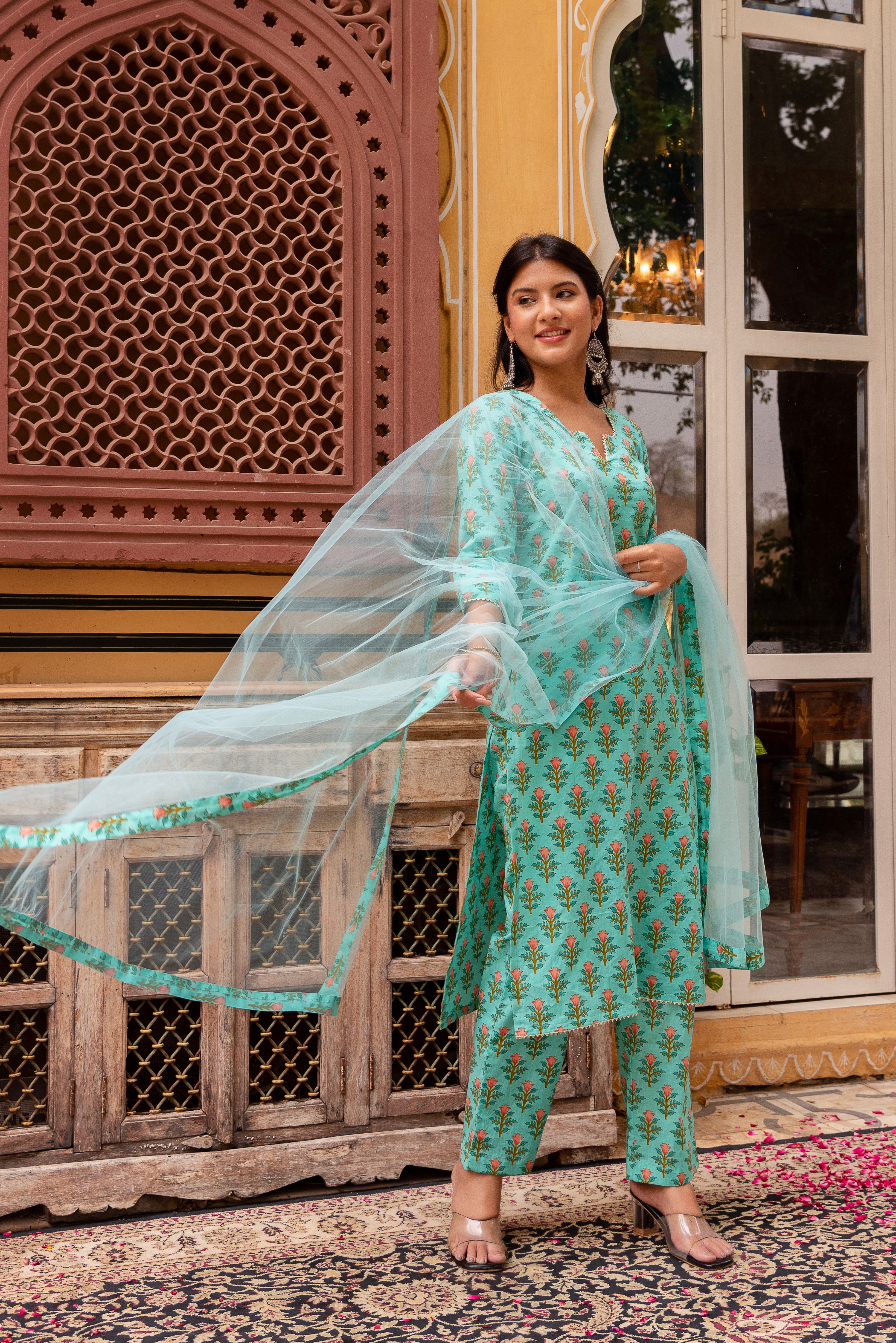 GAURANGI AQUA GREEN COTTON PRINTED SUIT SET