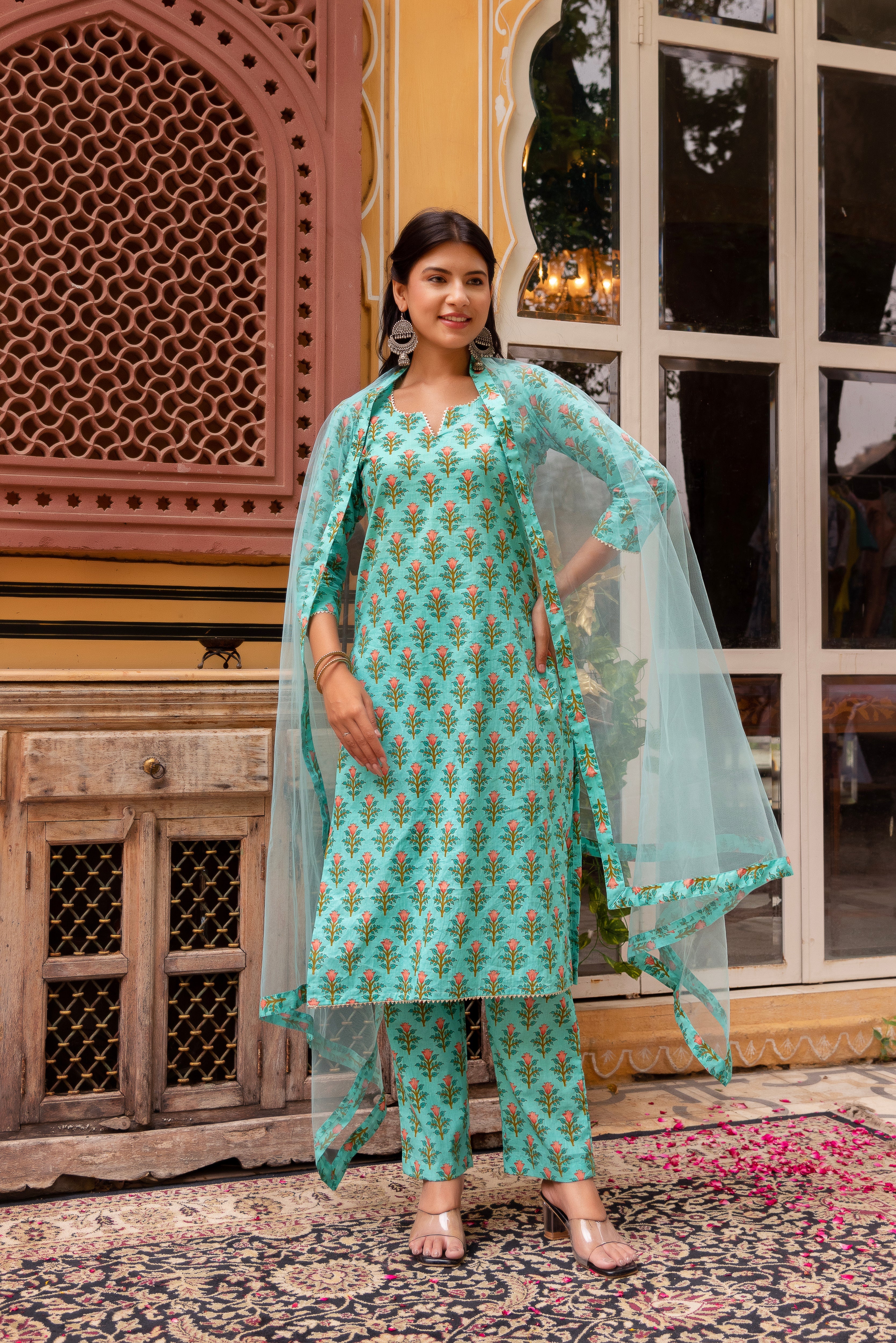 GAURANGI AQUA GREEN COTTON PRINTED SUIT SET