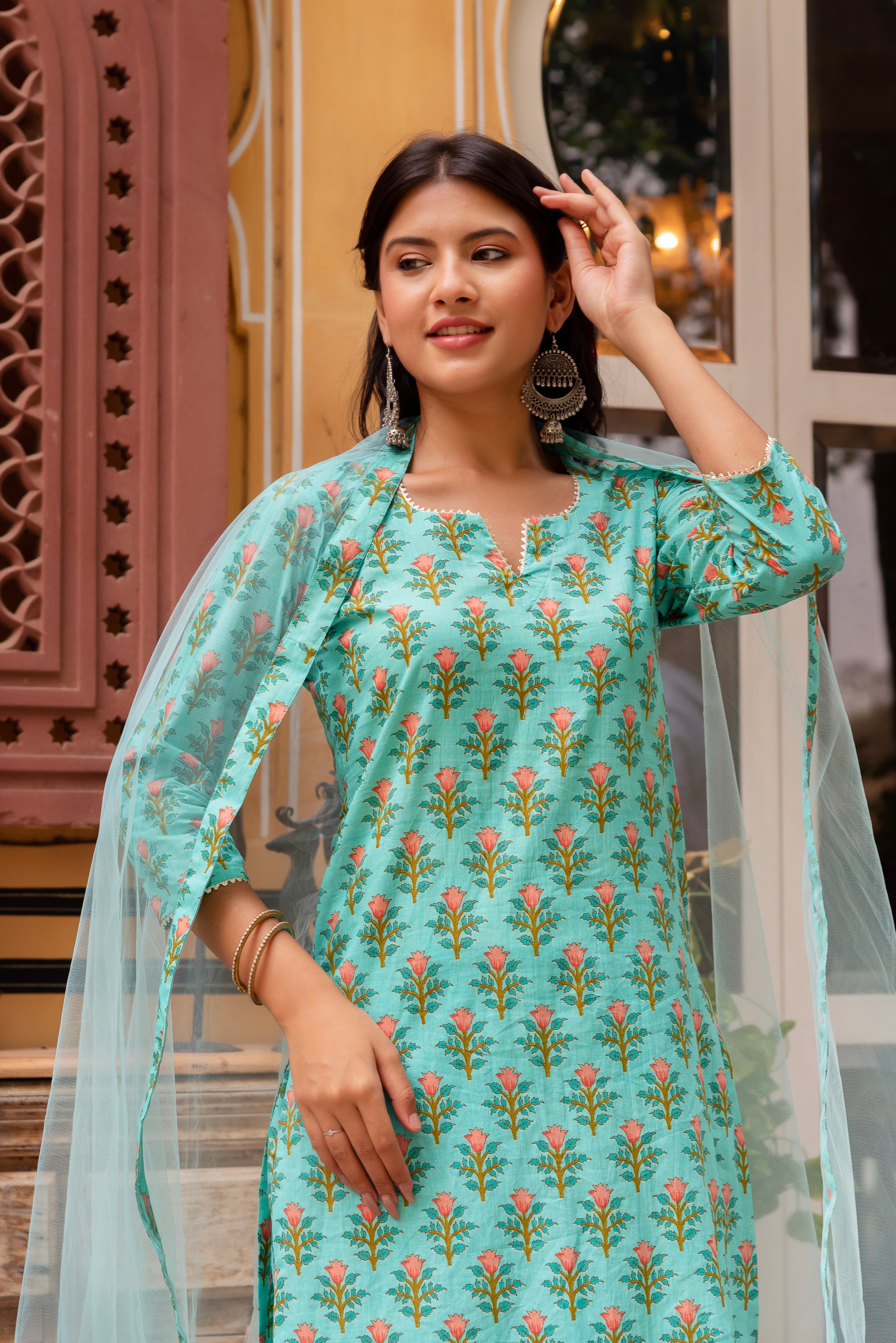 GAURANGI AQUA GREEN COTTON PRINTED SUIT SET