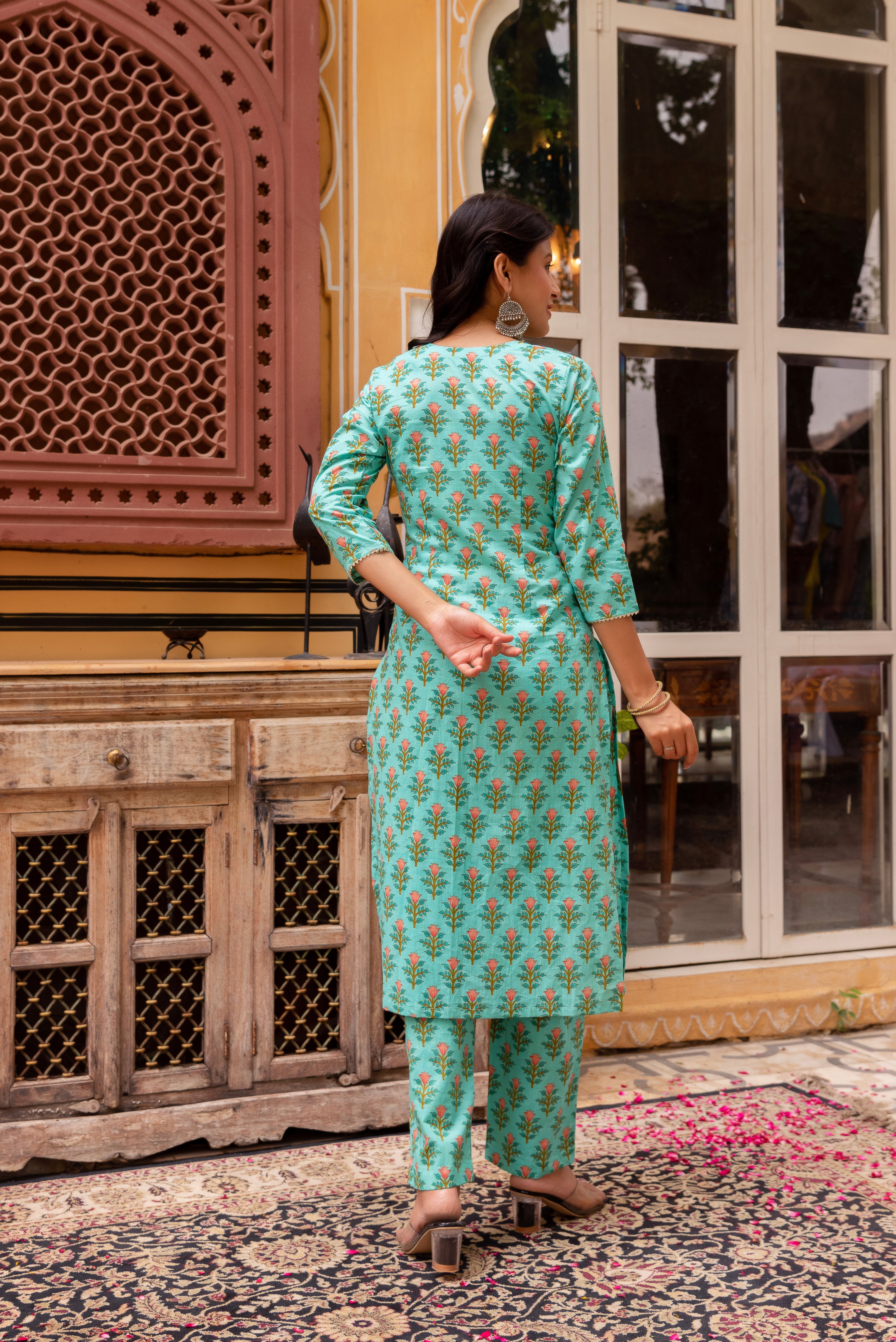 GAURANGI AQUA GREEN COTTON PRINTED SUIT SET