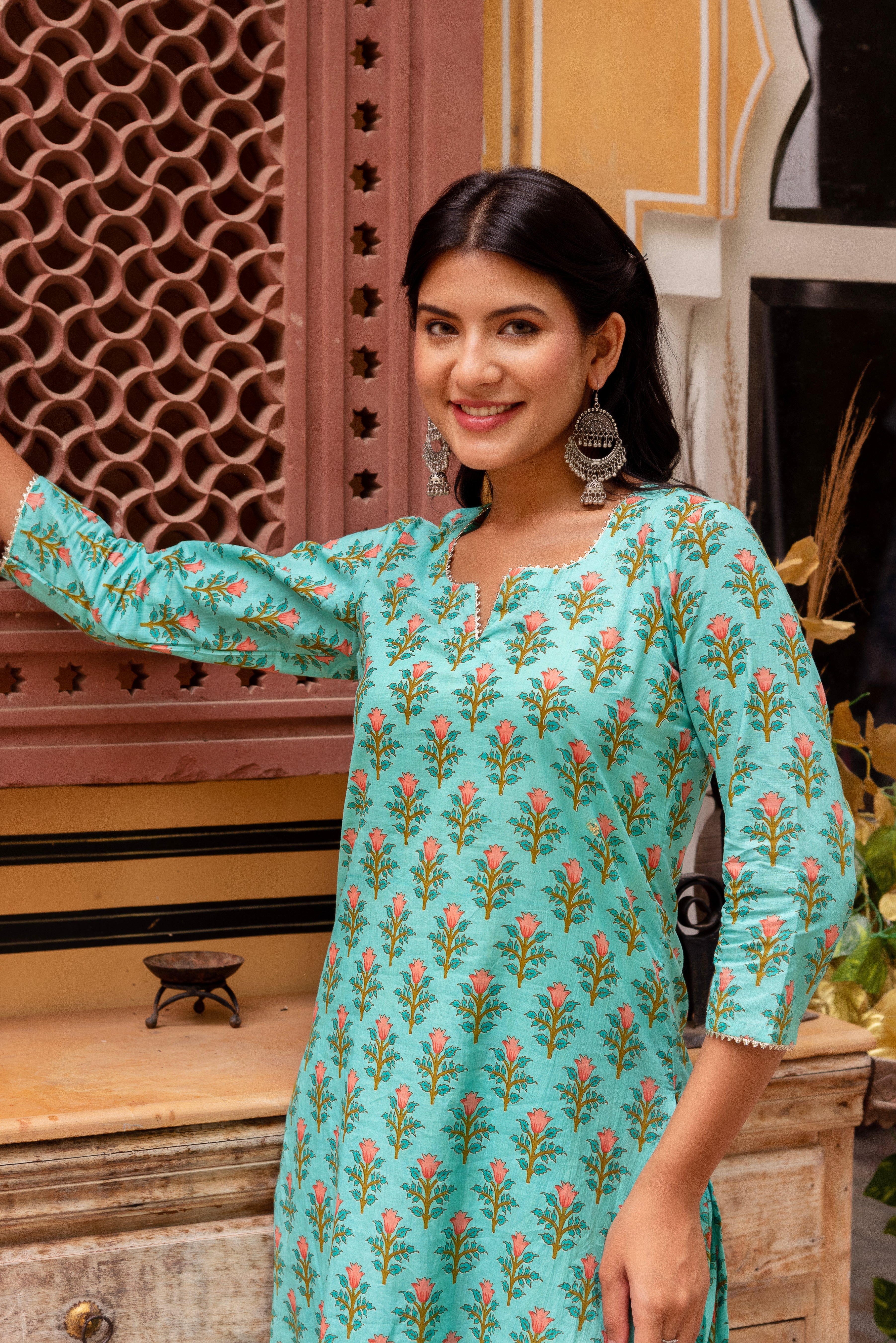 GAURANGI AQUA GREEN COTTON PRINTED SUIT SET